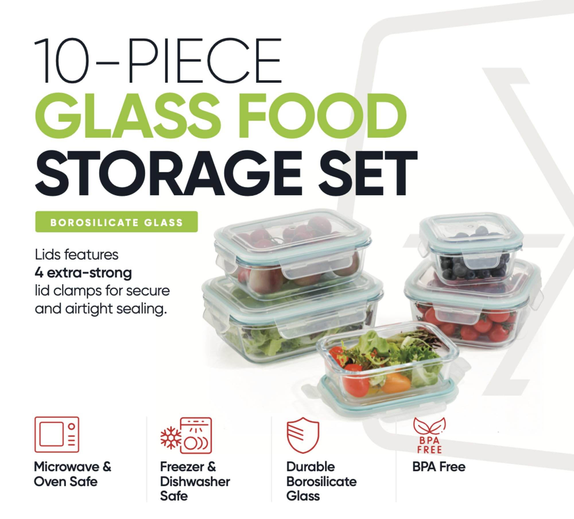 10-Piece Glass Food Storage Containers with Airtight Locking Lids (5 Containers + 5 Lids) - Metromarketstore