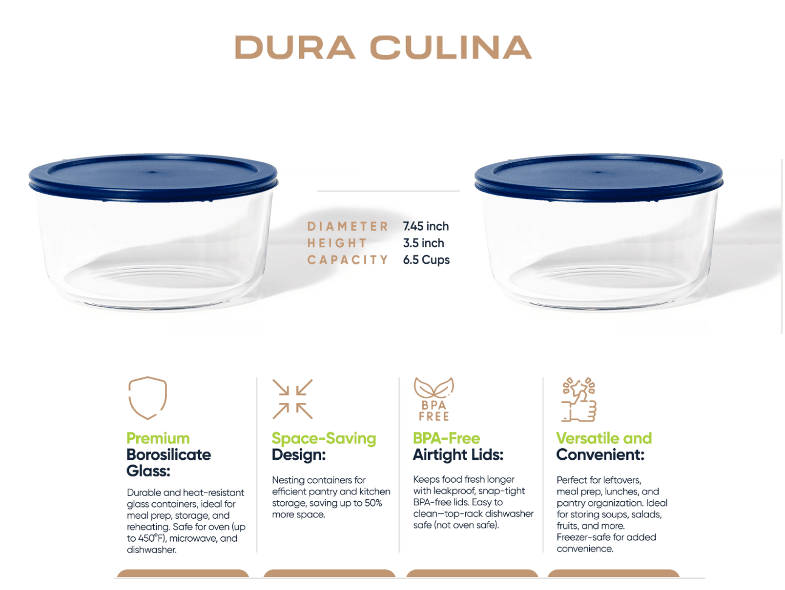 Glass Food Storage Containers - 4 Piece 6.55 Cup (2 Containers + 2 Lids) Set, Blue - Metromarketstore