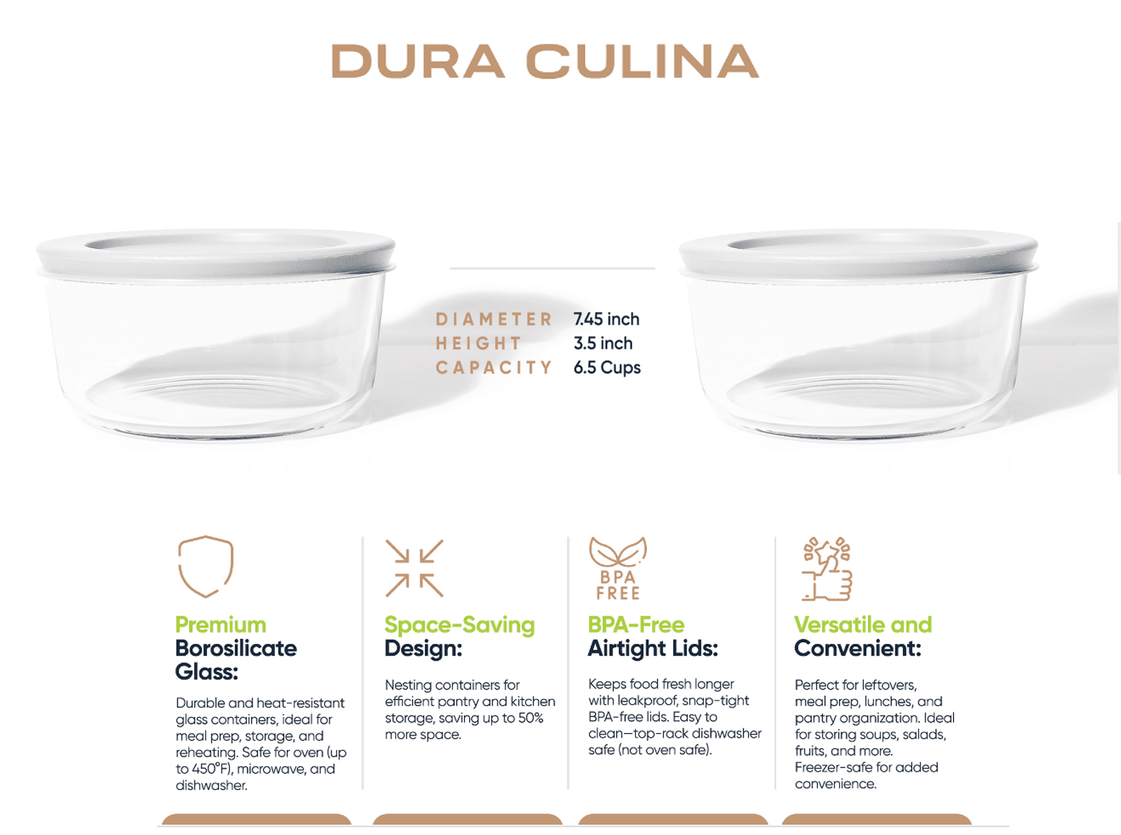 Glass Food Storage Containers - 4 Piece 6.55 Cup (2 Containers + 2 Lids) Set, White - Metromarketstore