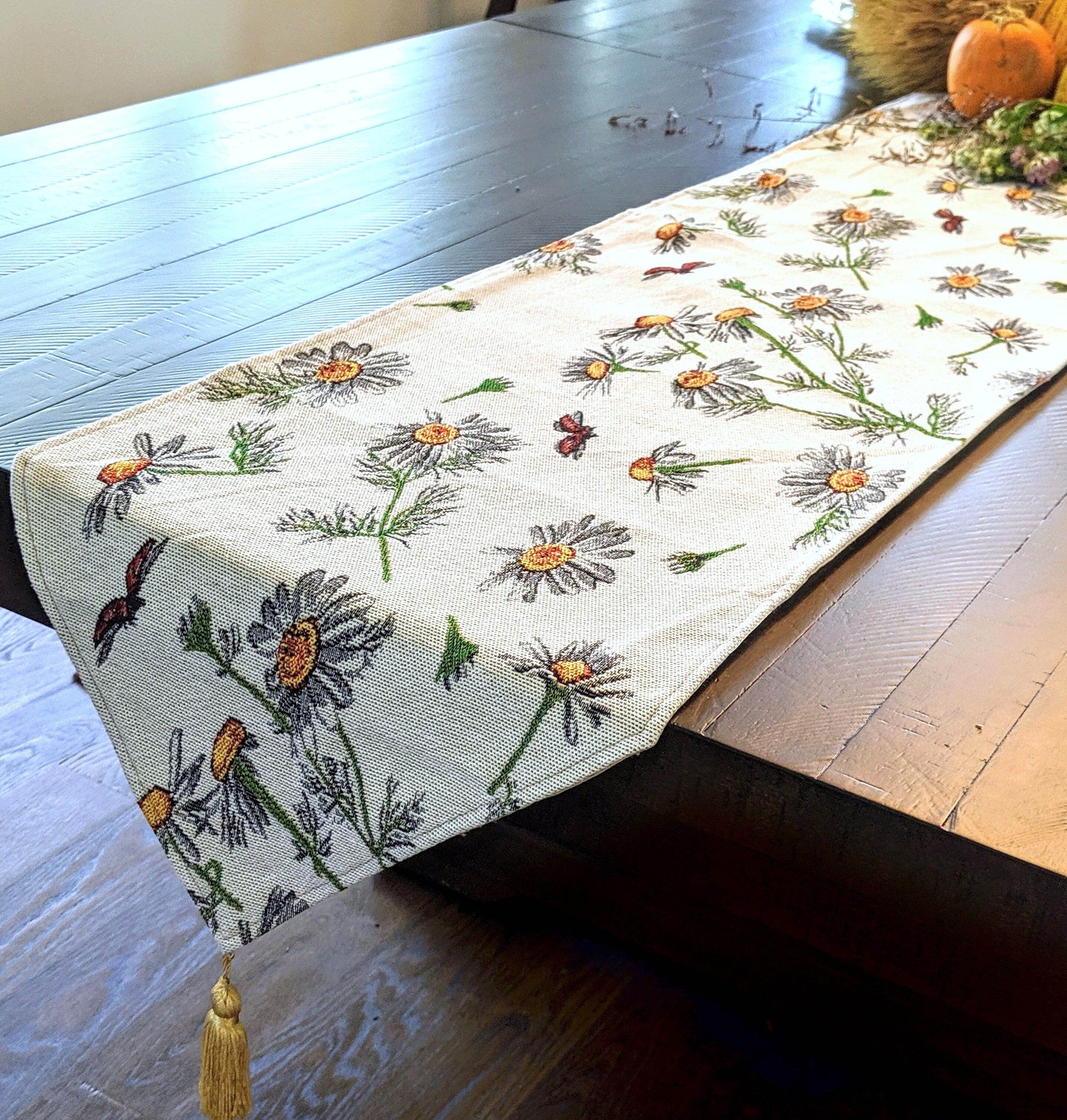 Tache Floral Yellow Daisies Ladybugs Ivory Woven Tapestry Table Runner - Metromarketstore
