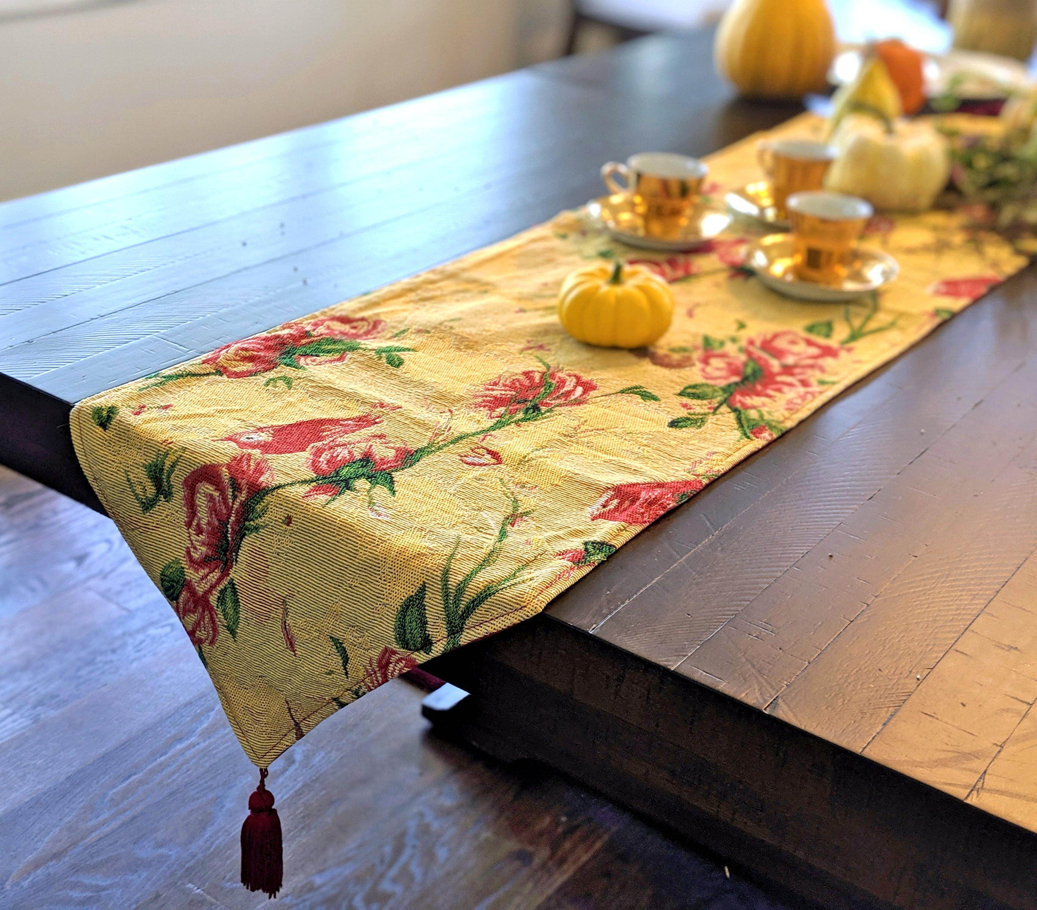 Tache Floral Red Roses Hummingbirds Golden Woven Tapestry Table Runner - Metromarketstore