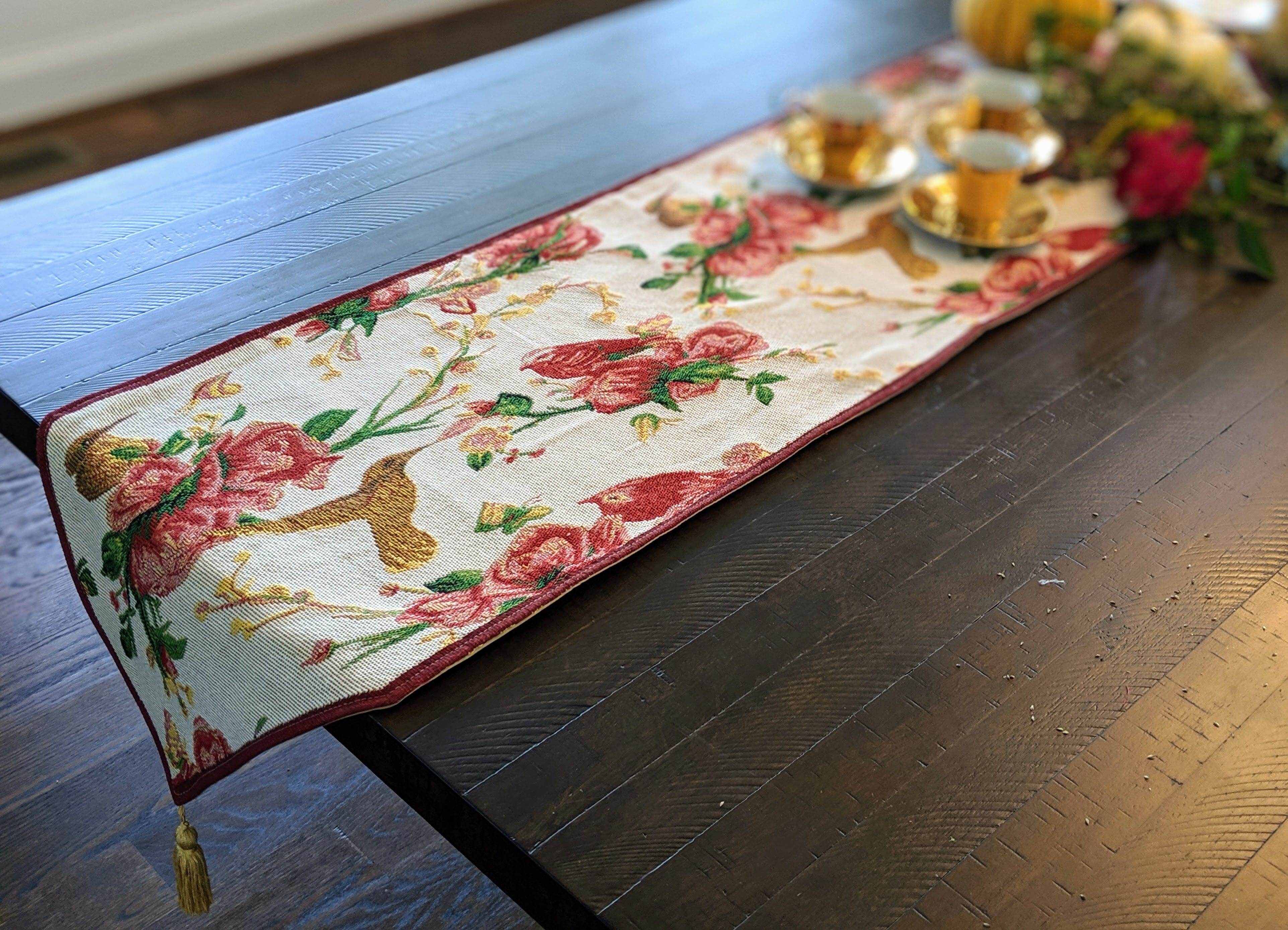 Tache Floral Red Roses Hummingbirds Ivory Woven Tapestry Table Runner - Metromarketstore
