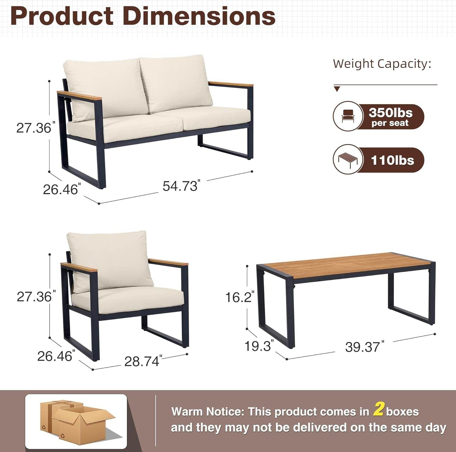 Patio Furniture Set, 4 Pieces Outdoor Patio Furniture with Coffee Table Set, Metal Patio Conversation Sets with Washable and High-Resiliency Sponge Cushions, Upgarded Beige - Metromarketstore