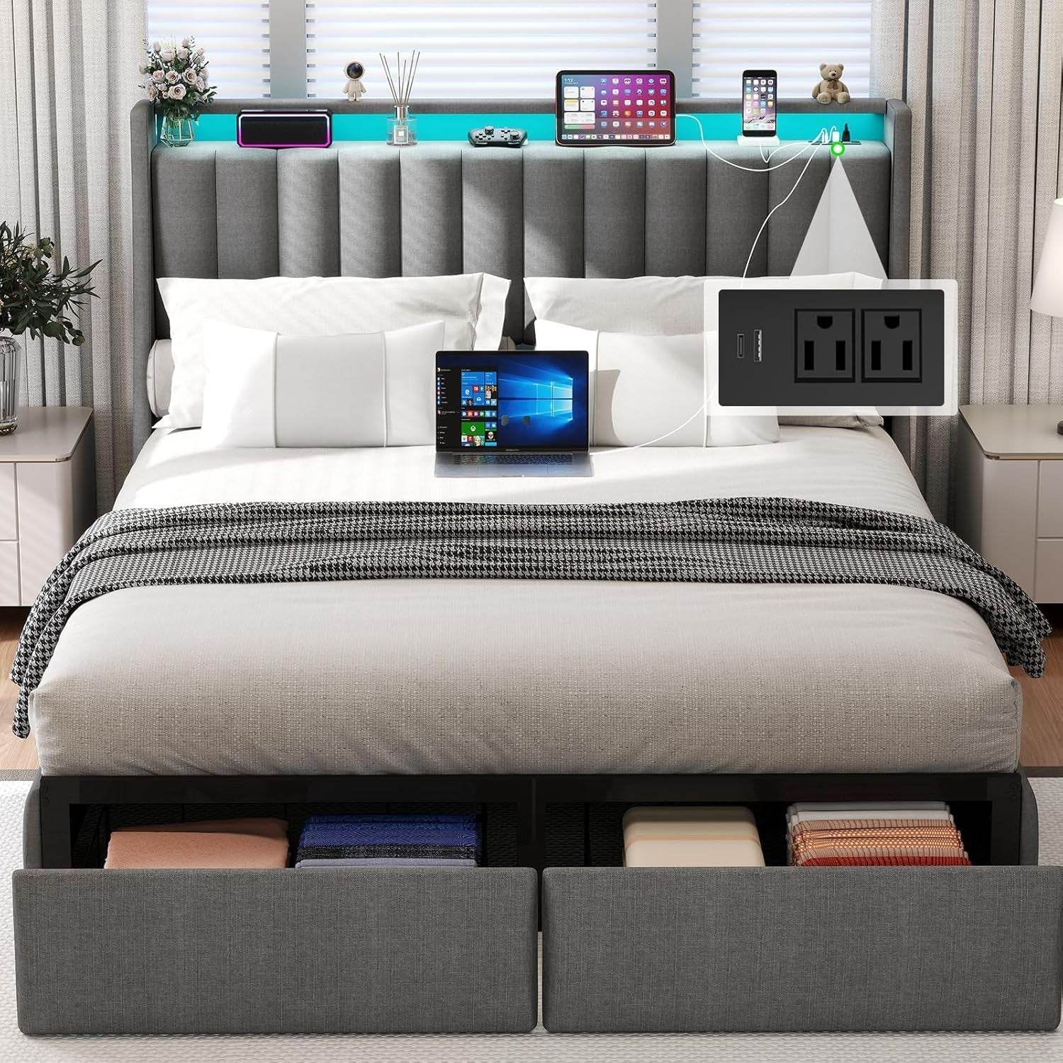 Queen Bed Frame with 2 Storage Drawers, Platform Bed Frame Queen Size with LED Light in Gray - Metromarketstore