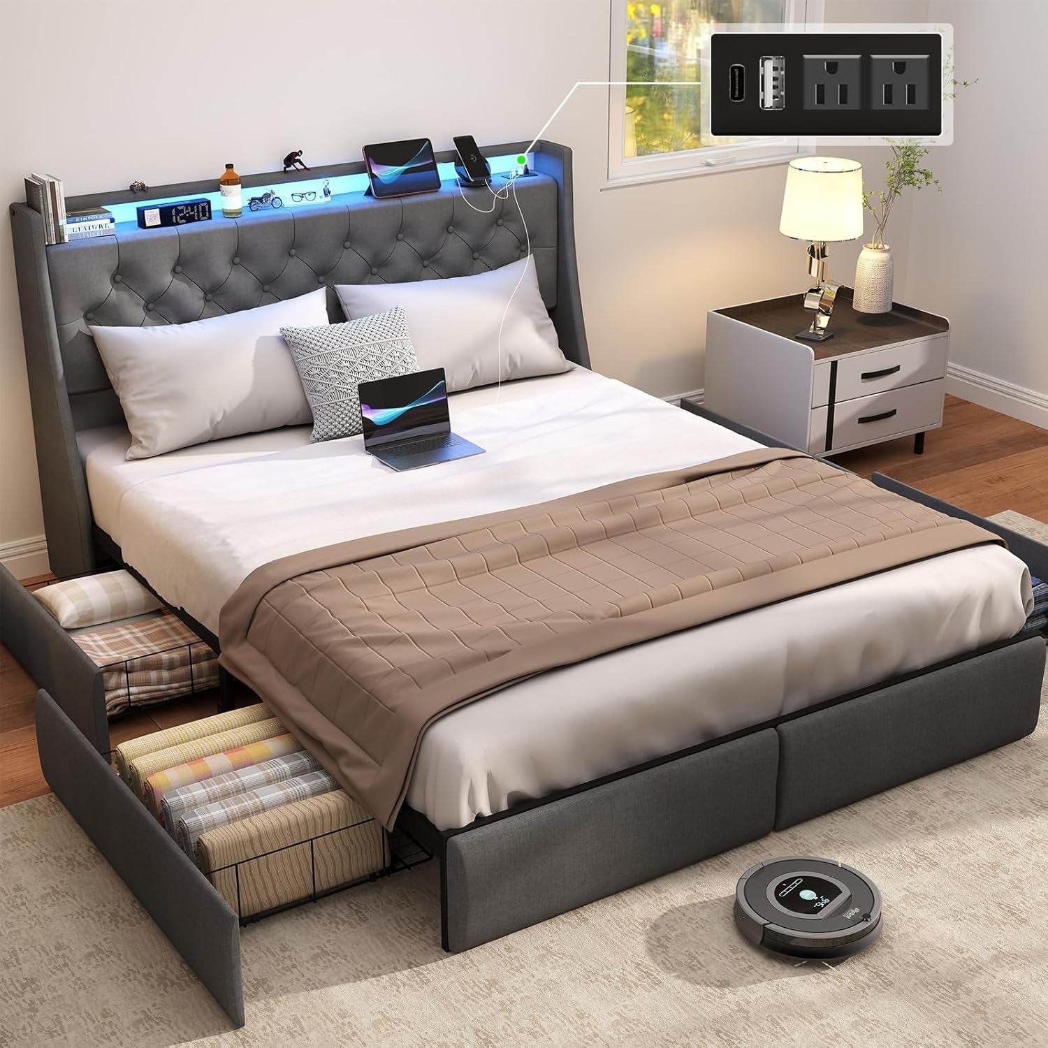 Queen Bed Frame with Storage Headboard and 4 Drawer, Metal Platform Bed Frame Queen Size with in Gray - Metromarketstore