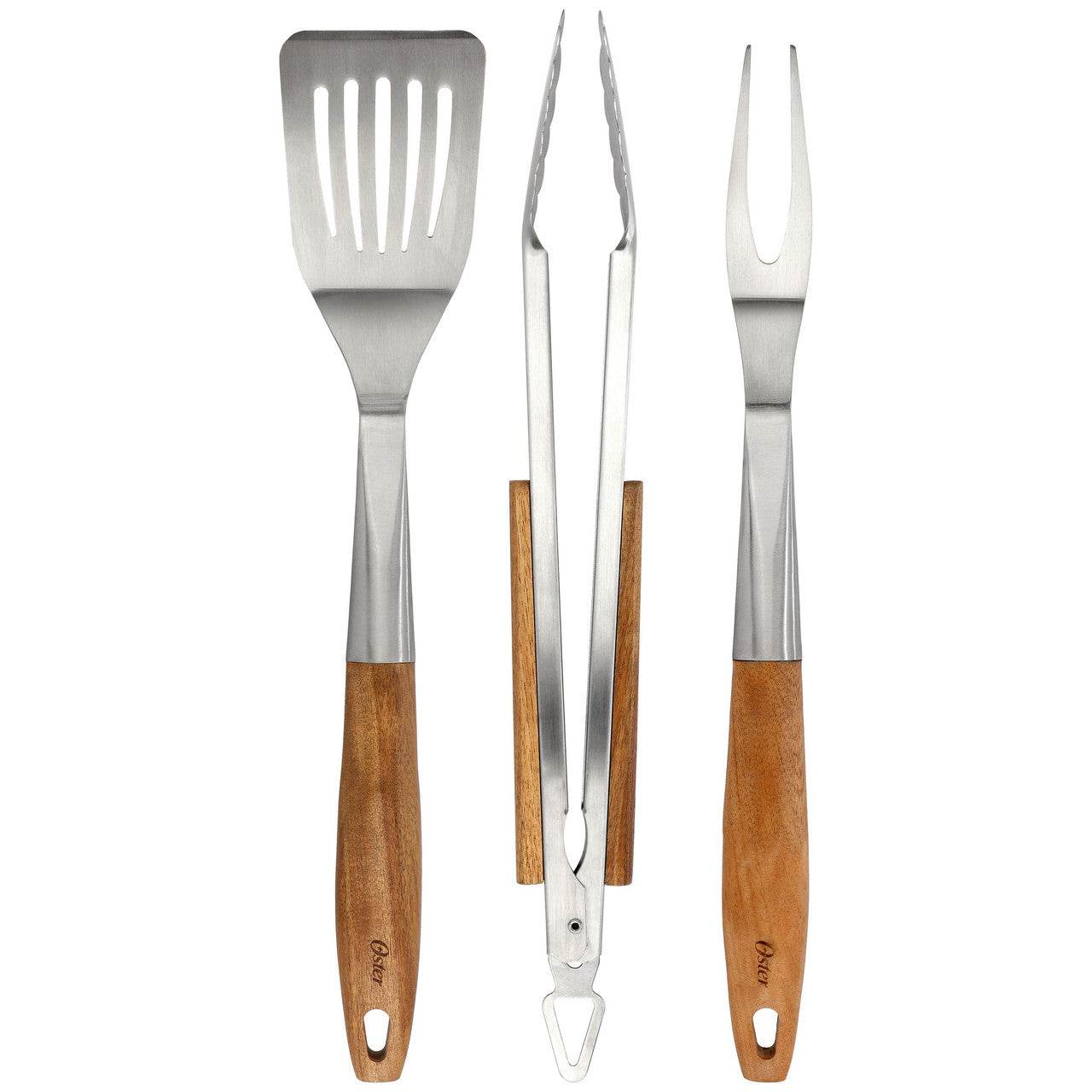 Oster Balincourt 3 Piece Stainless Steel and Wood BBQ Tool Set in Brown - Metromarketstore