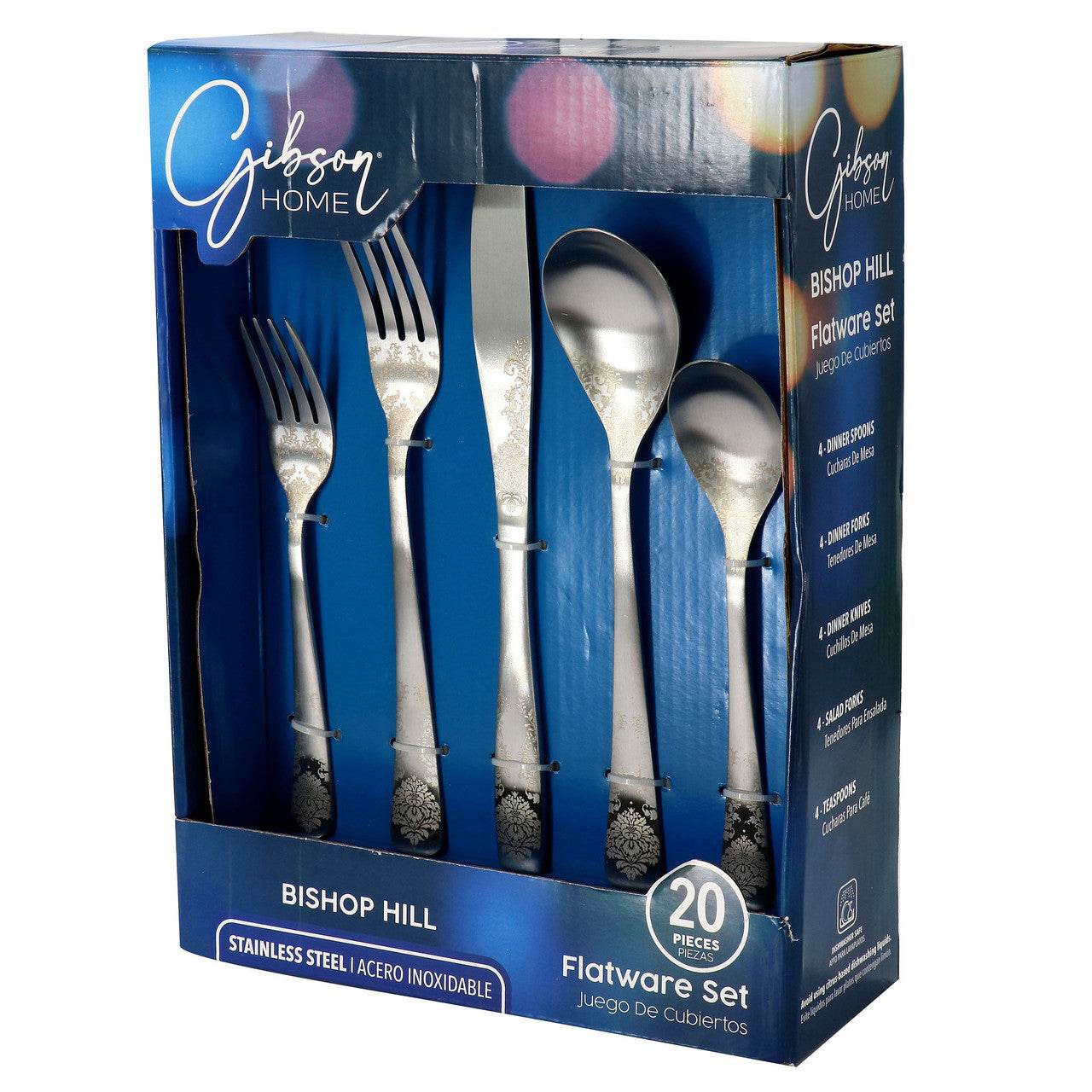 Gibson Home Bishop Hill 20 Piece Stainless Steel Floral Flatware Set in Matte Silver - Metromarketstore