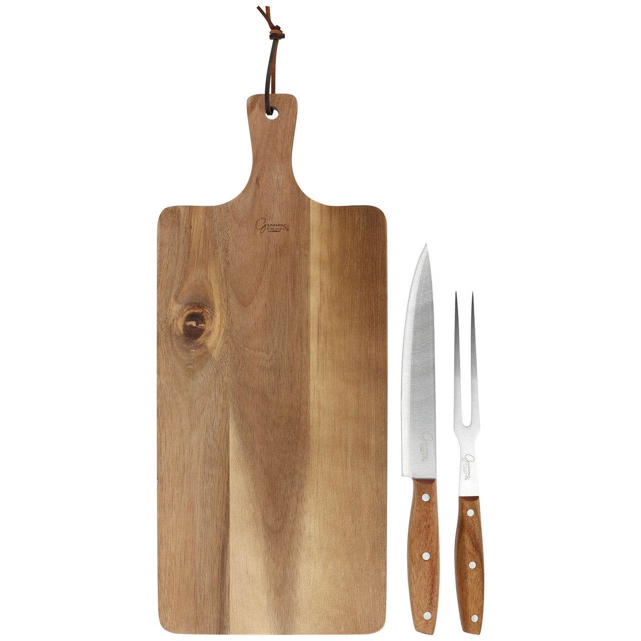 Gibson Elite 3 Piece Acacia Wood Serving Board with Carving Knife and Fork in Brown - Metromarketstore