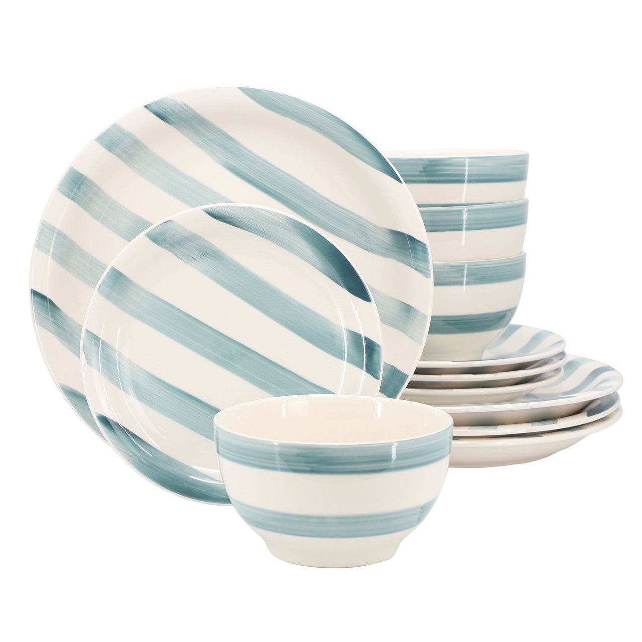 Gibson Home Kenwood Shores 12 Piece Stoneware Dinnerware Set in Blue Stripe - Metromarketstore