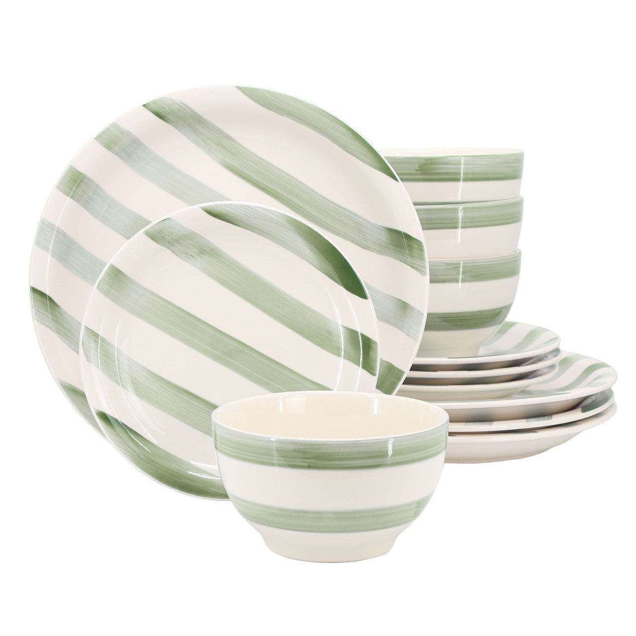Gibson Home Kenwood Shores 12 Piece Stoneware Dinnerware Set in Green Stripe - Metromarketstore