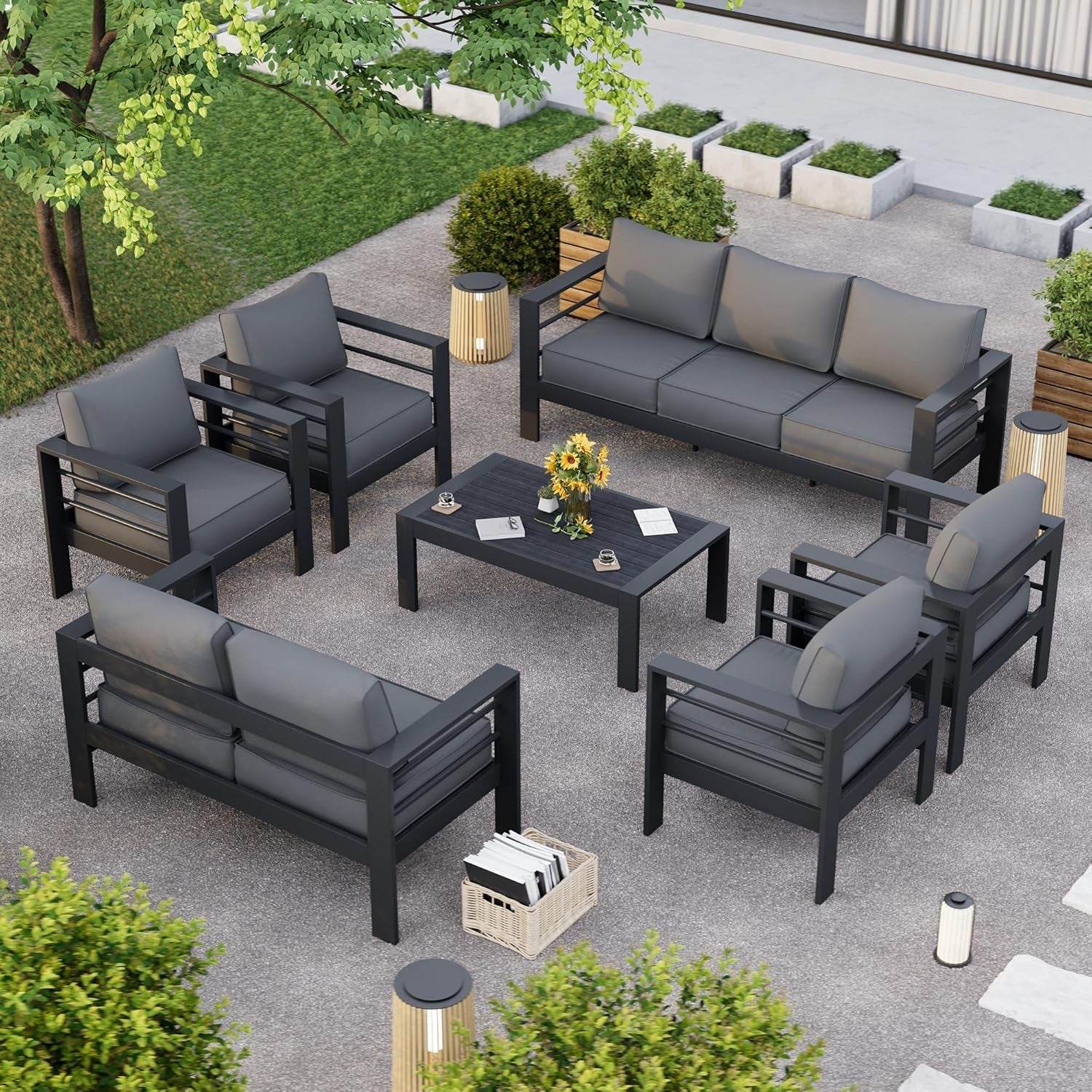 Aluminum Patio Furniture Set, 7 Piece（Gray） - Metromarketstore