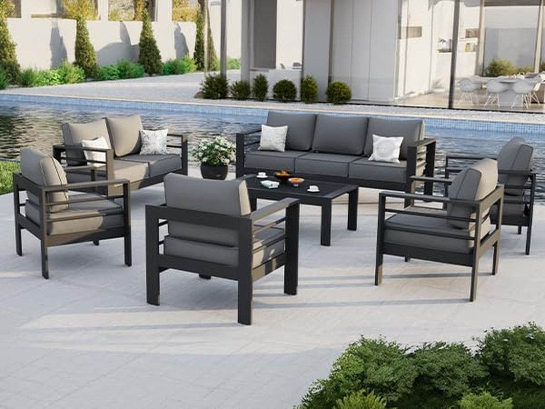 Aluminum Patio Furniture Set, 7 Piece（Gray） - Metromarketstore