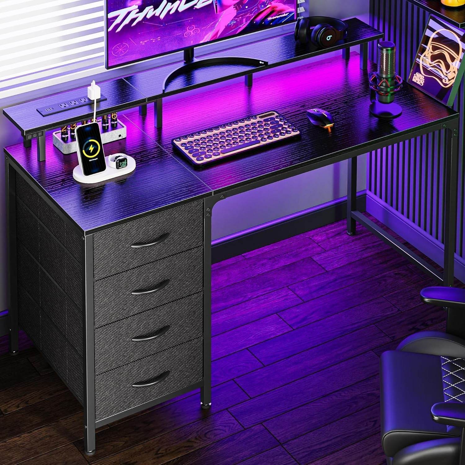 47 Inch Computer Desk with Power Outlets and LED Lights in Black - Metromarketstore