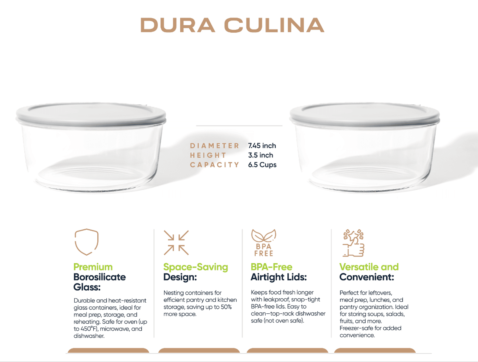 Glass Food Storage Containers - 4 Piece 6.55 Cup (2 Containers + 2 Lids) Set, Grey - Metromarketstore