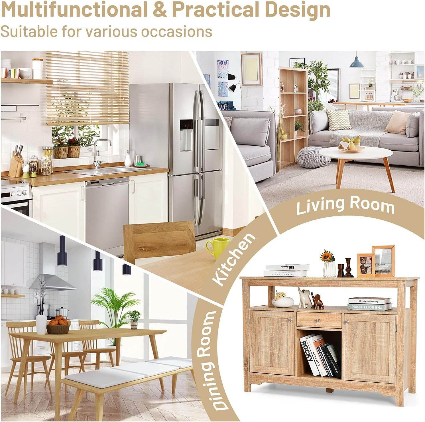 Natural Wood Dining Table Buffet Server Sideboard with Wine Storage - Metromarketstore