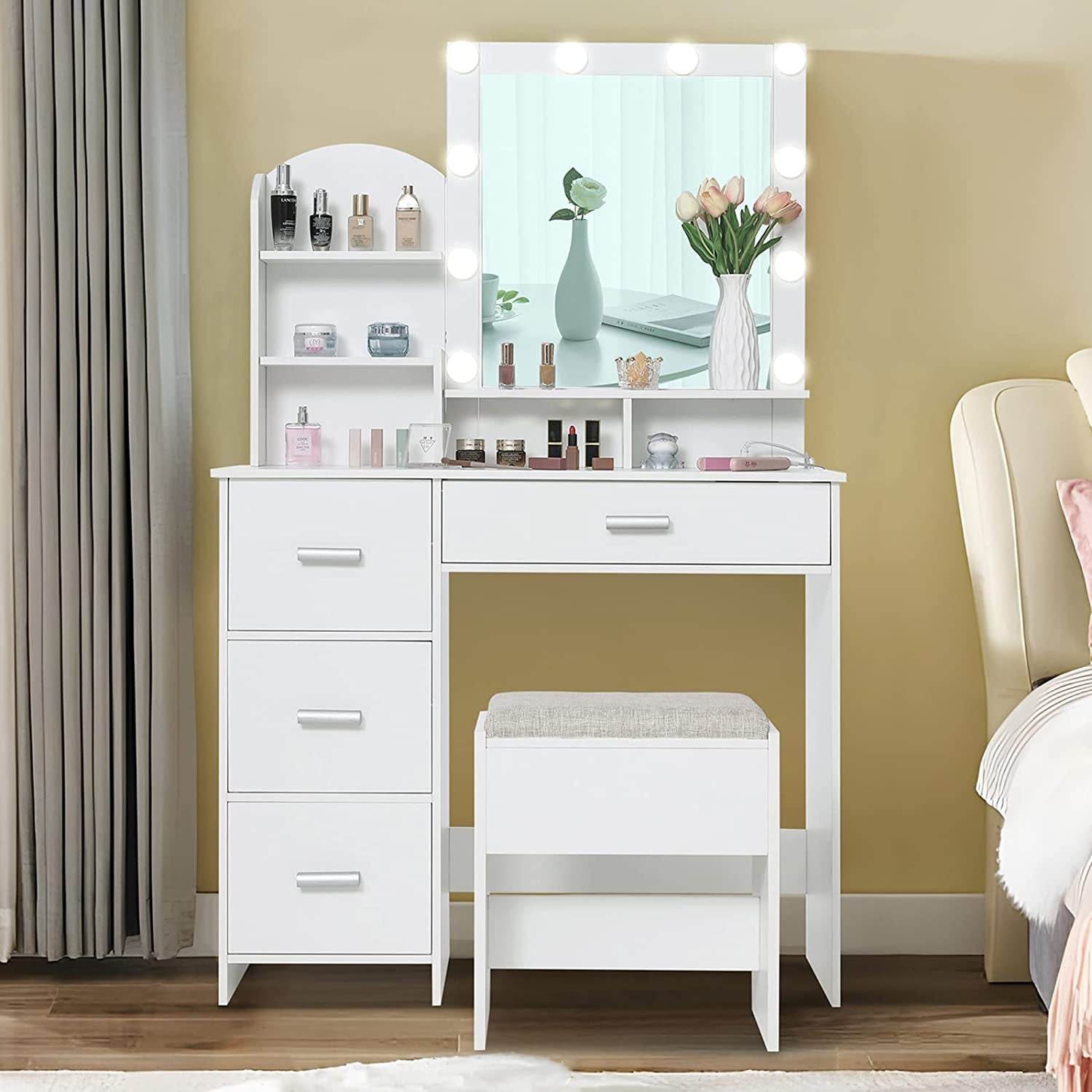 White Vanity Desk with Lighted Mirror and Charging Station - Metromarketstore