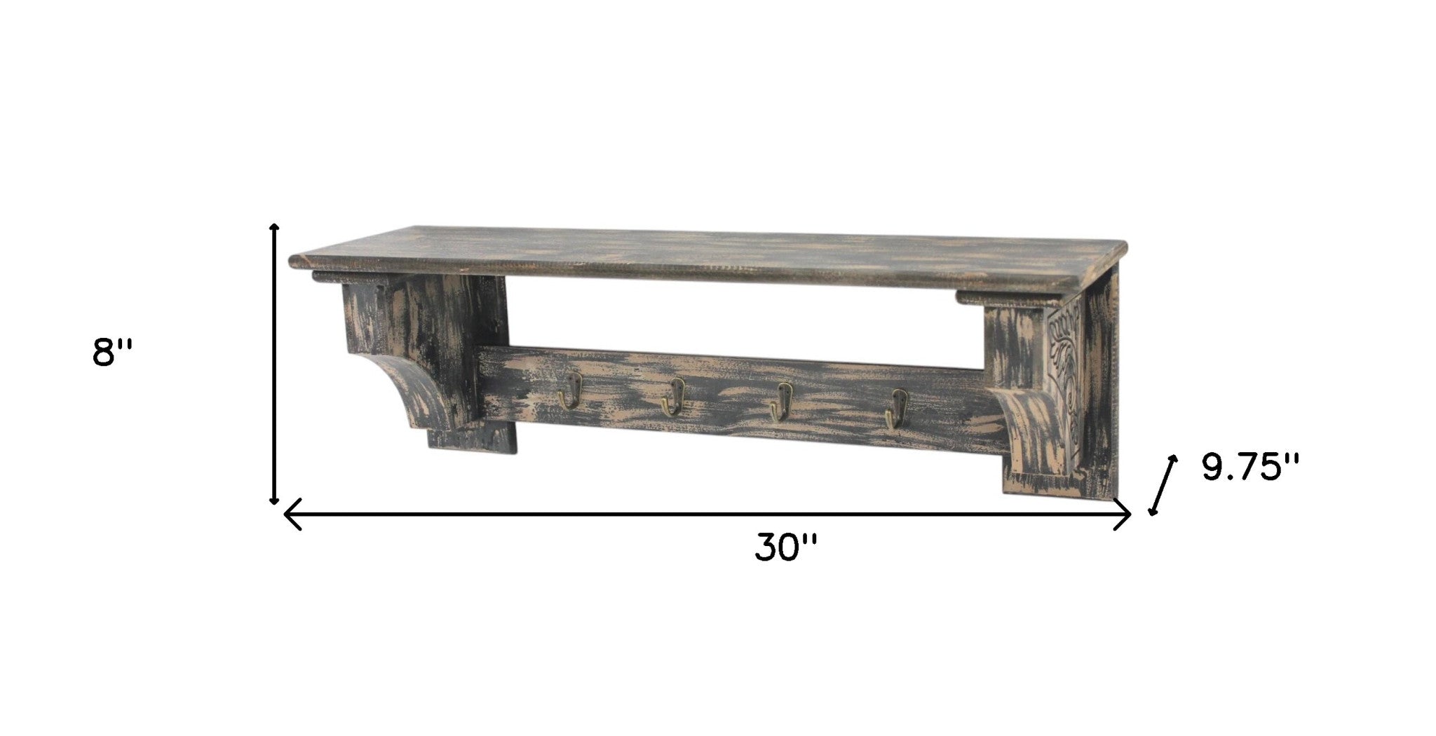 30" Black Distressed Wood Four Hook Wall Mounted Hanging Coat Rack-6