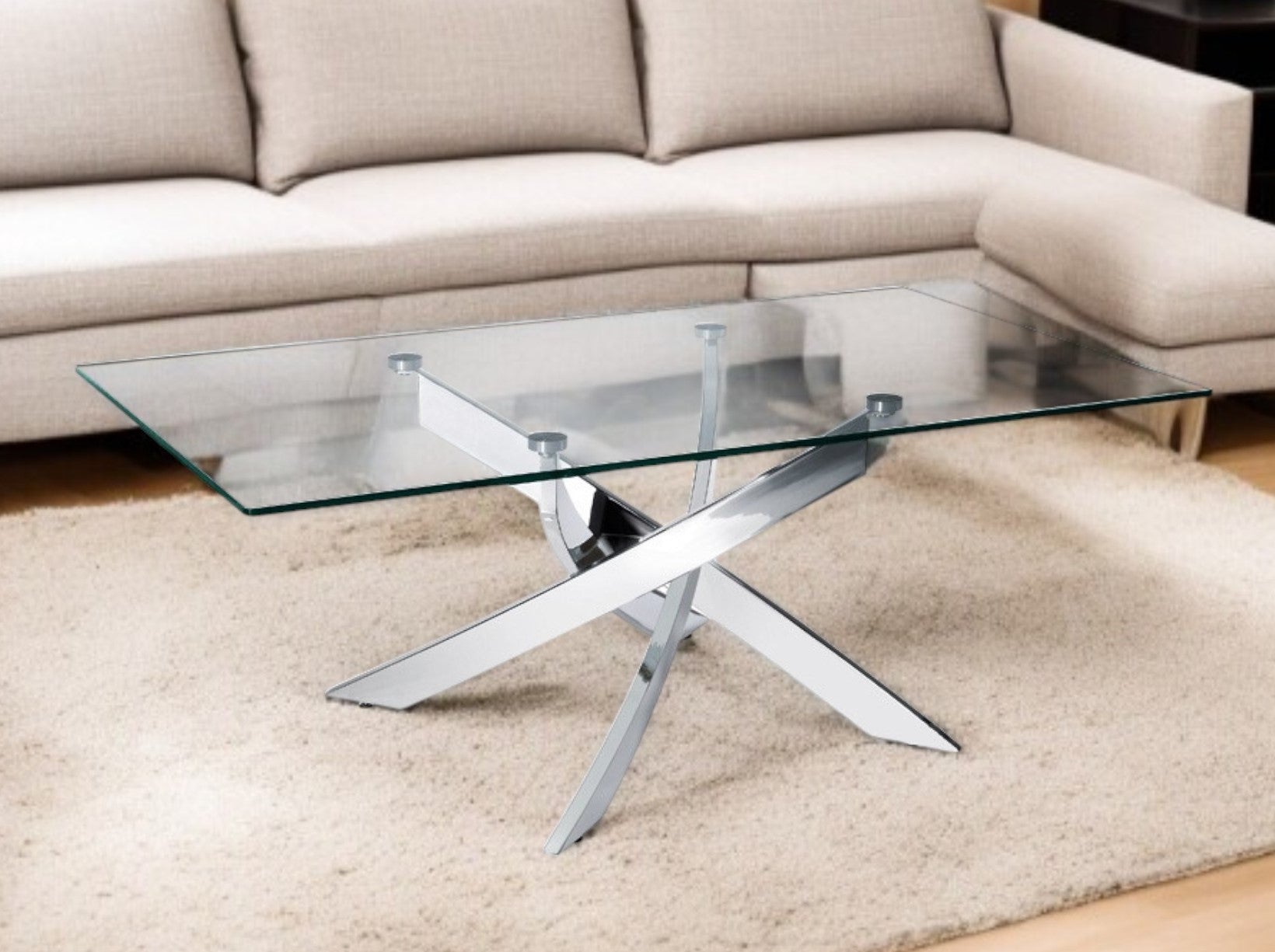 47" Clear and Silver Glass And Steel Cross Legs Coffee Table - Metromarketstore