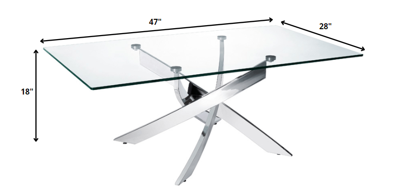 47" Clear and Silver Glass And Steel Cross Legs Coffee Table - Metromarketstore