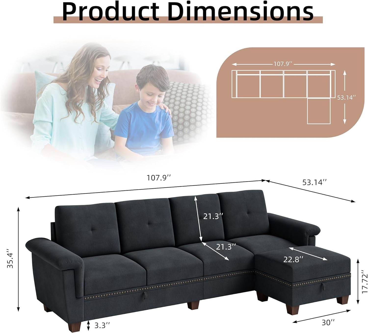 Dark Gray L-Shaped Sectional Couch with Storage - Metromarketstore