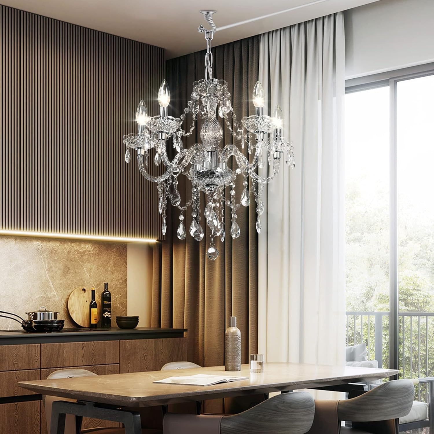 Plug-In 5 Light Crystal Hanging Pendant Lights Acrylic Chandelier with Clear Cord & On/Off Switch H19 D19.7 for Kitchen Island Girls' Room Dining Area Laundry Pavilion.-0