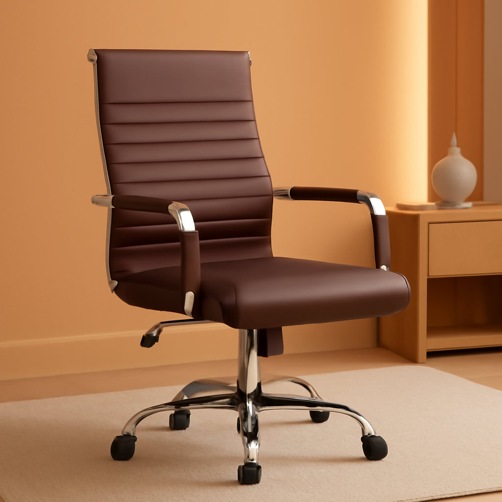 Ribbed Office Desk Chair Mid-Back PU Leather Executive Conference Task Chair Adjustable Swivel Chair with Arms (Brown)-0