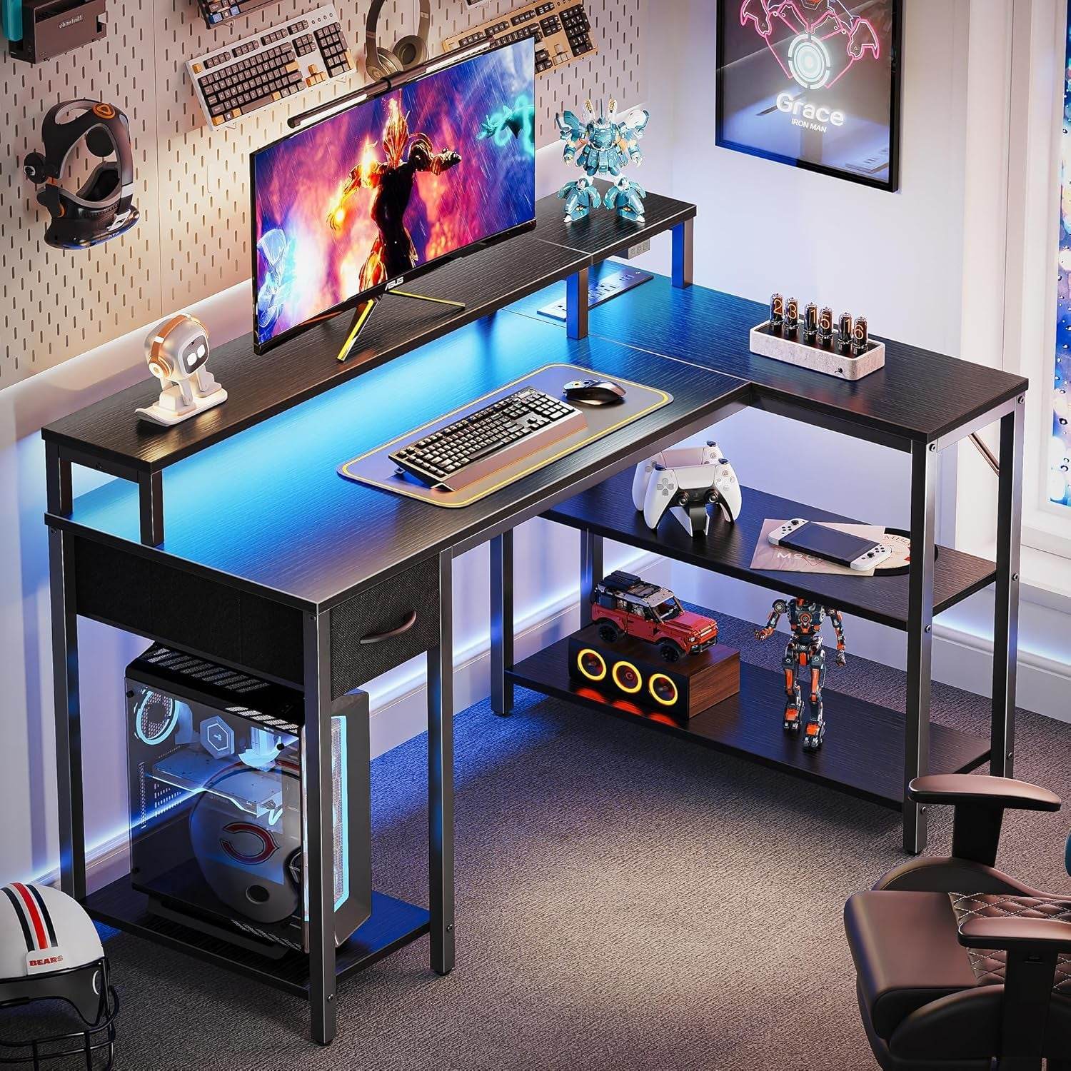 47 Inch Reversible L Shaped Desk with LED Lights & Power Outlets, Computer Desk with Shelves & Monitor Stand, Gaming Desk with Drawer, Home Office Desk Corner Desk, Black-1