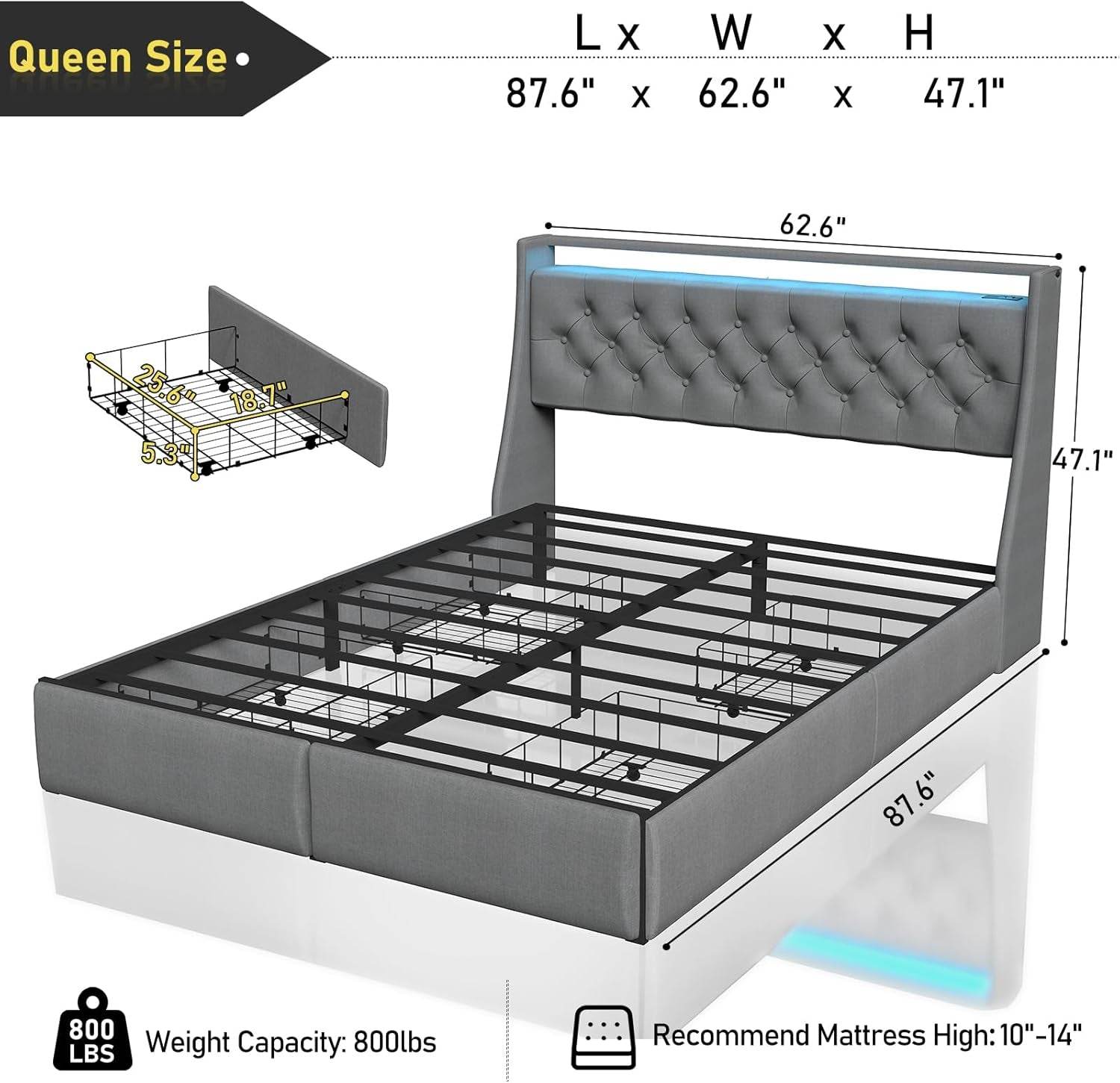 Queen Bed Frame with Storage Headboard and 4 Drawer, Metal Platform Bed Frame Queen Size with in Gray - Metromarketstore