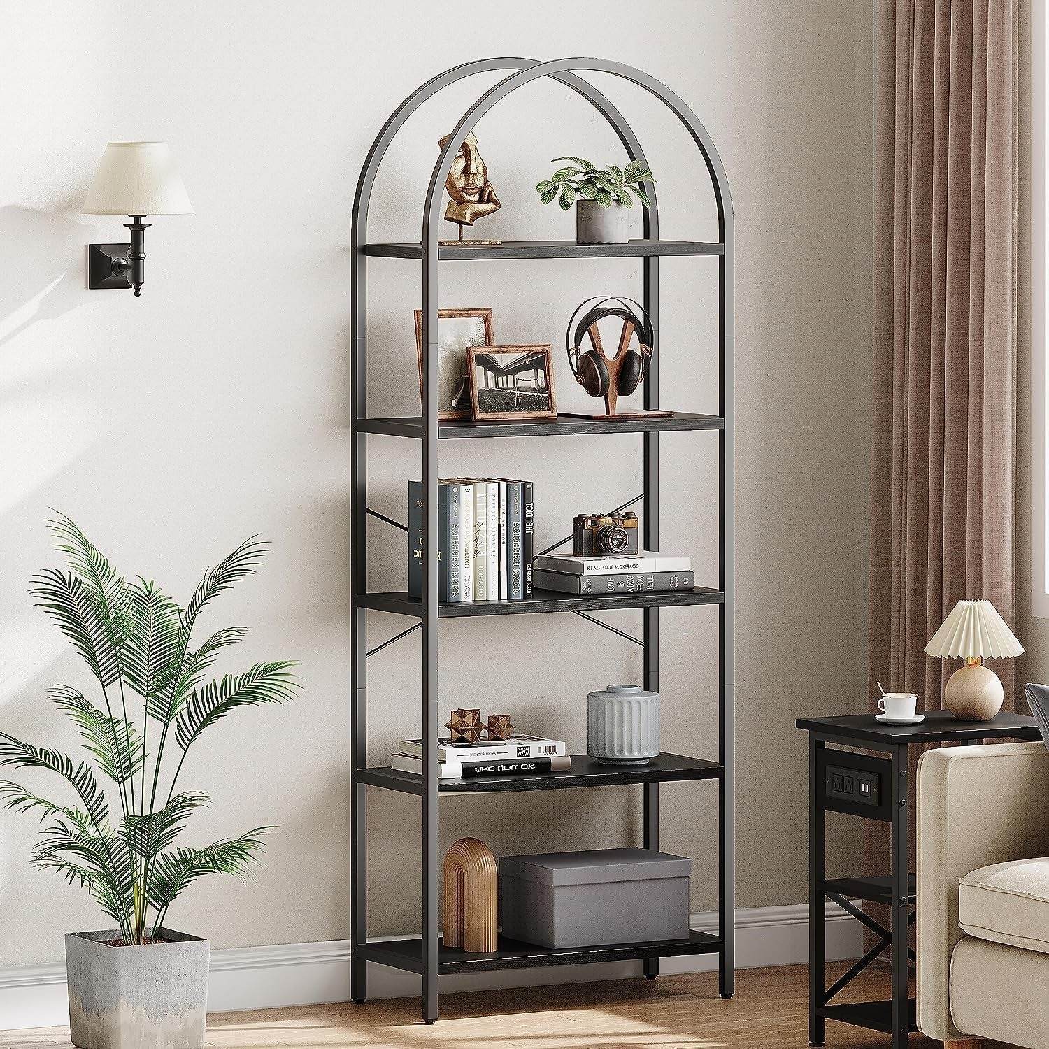 Tall Black Arched Bookcase with 5 Open Shelves-1