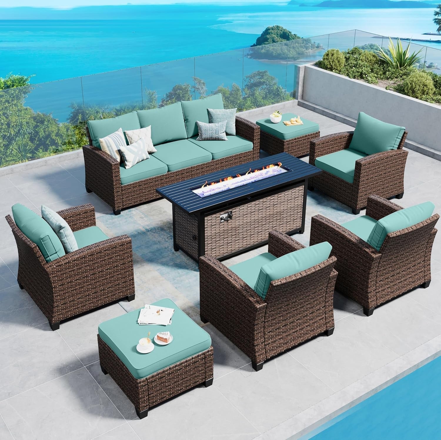 Brown Wicker Patio Furniture Set With Fire Pit Table-0