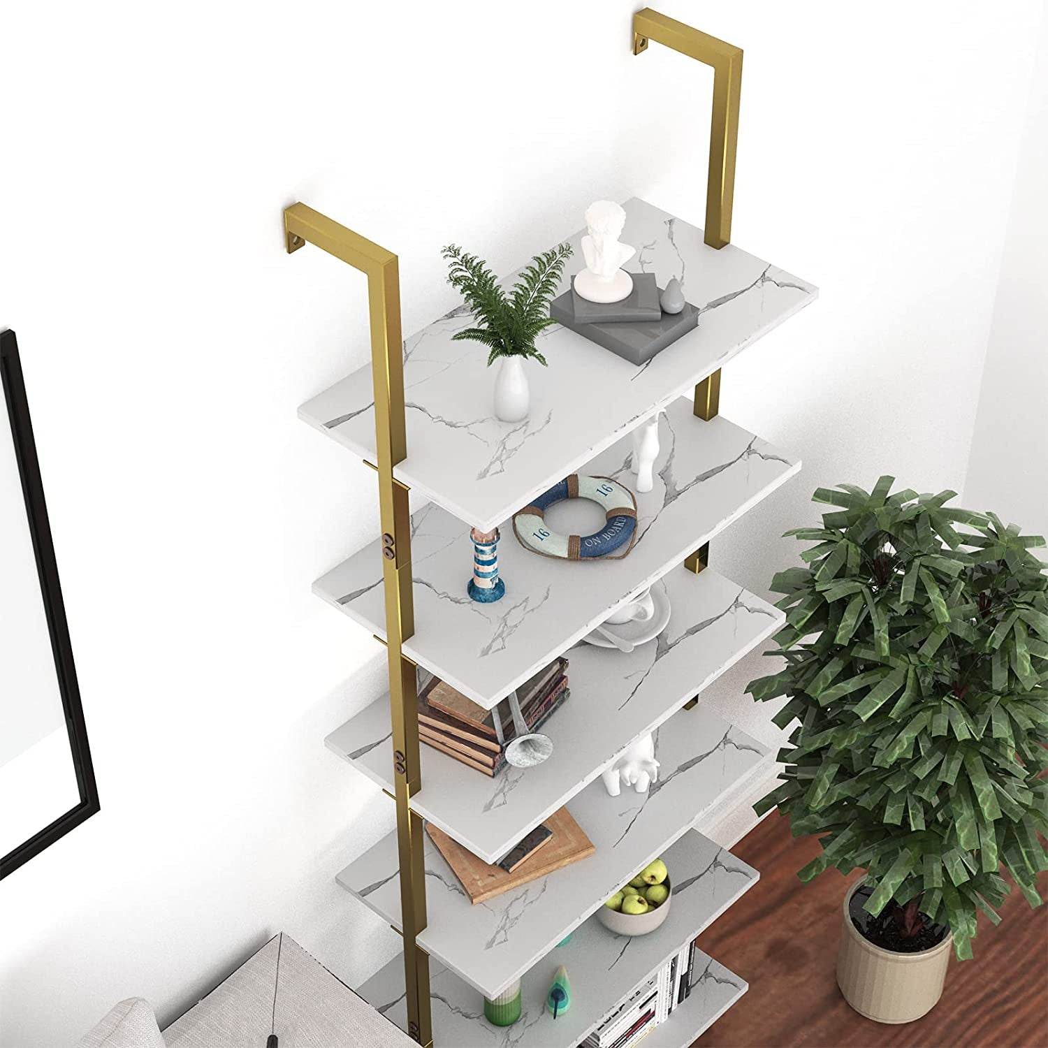 Marble White 6-Tier Ladder Shelf Bookcase-2