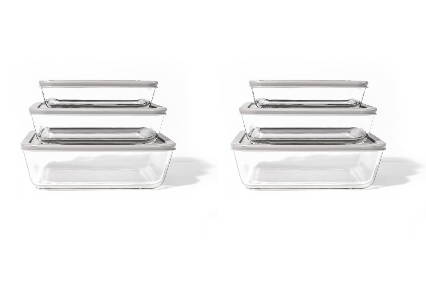 Glass Food Storage Containers - 12 Piece (6 Containers + 6 Lids) Rectangular Nesting Space-Saving Set - Metromarketstore