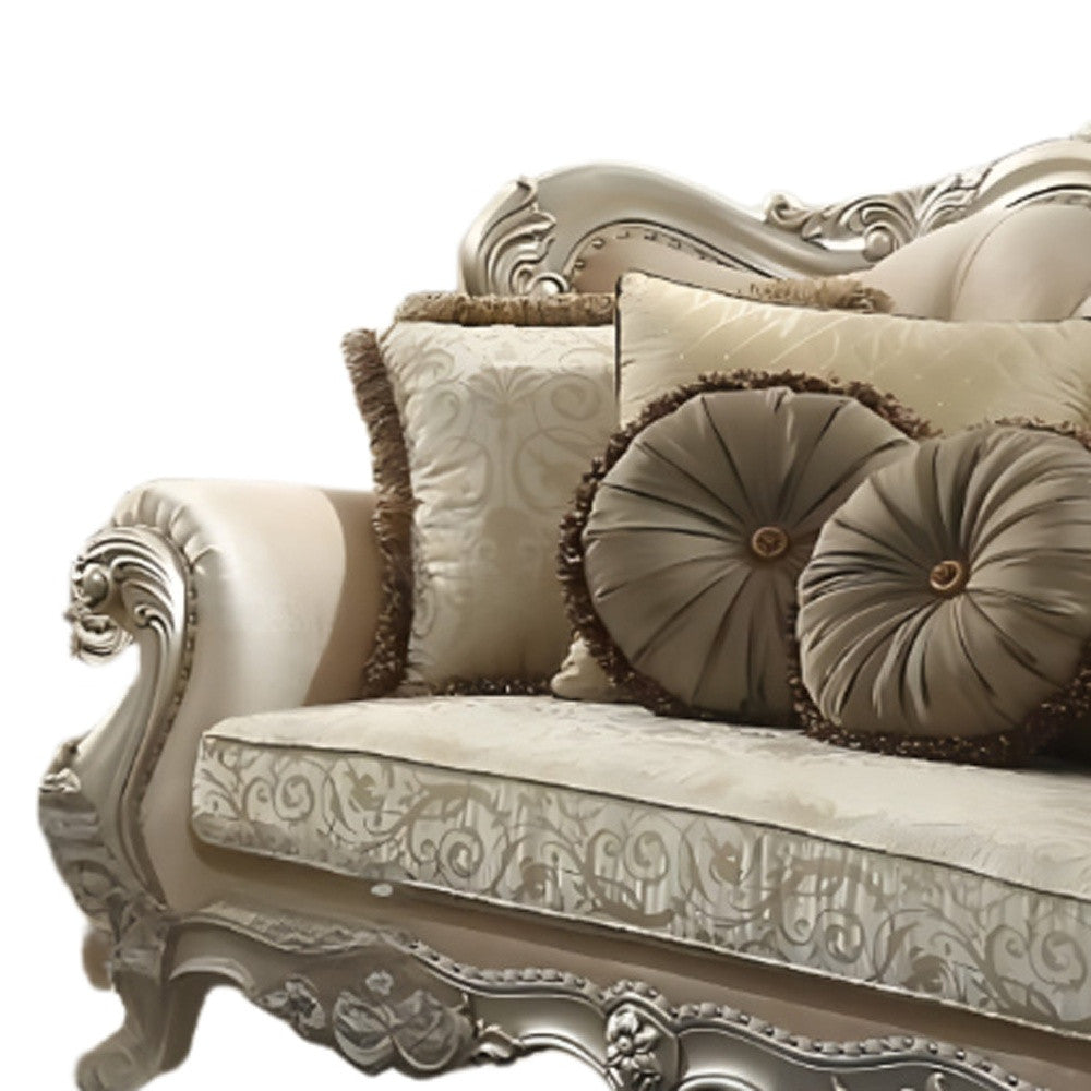 88" Champagne Velvet Curved Floral Sofa And Toss Pillows-3