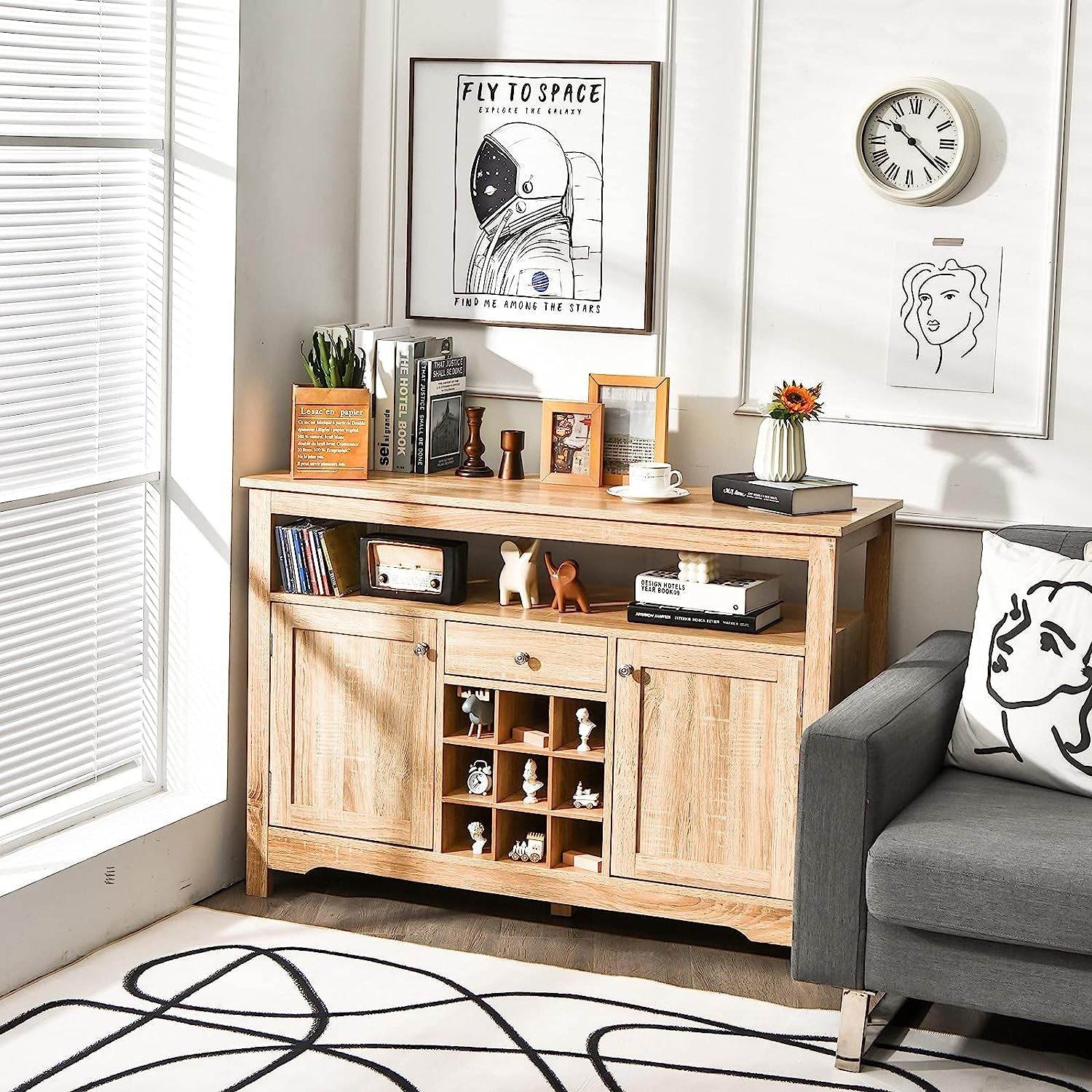 Natural Wood Dining Table Buffet Server Sideboard with Wine Storage - Metromarketstore