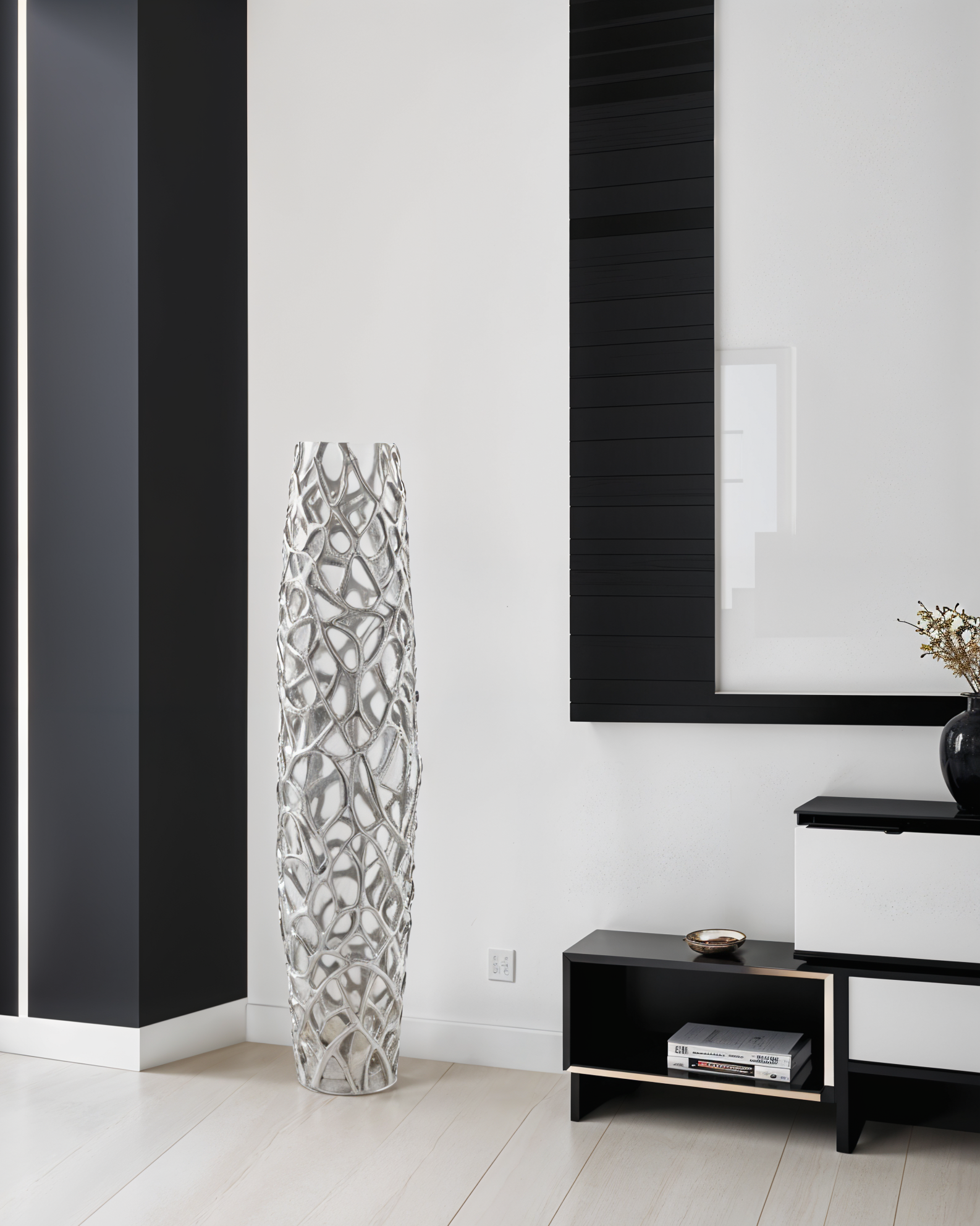 40" Aluminum Silver Twigs Cylinder Floor Vase - Metromarketstore