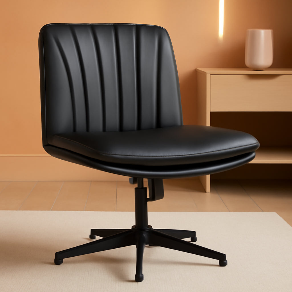 Criss Cross Legged Office Chair,Armless Office Desk Chair No Wheels,Pu Leather Modern Swivel Vanity Chair,Height Adjustable Wide Seat Mid Back Computer Task Chair for Home Office-0