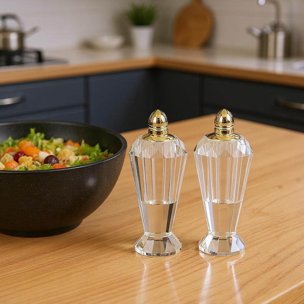 Set of Two Clear And Gold Crystal Geometric Pepper Shakers - Metromarketstore