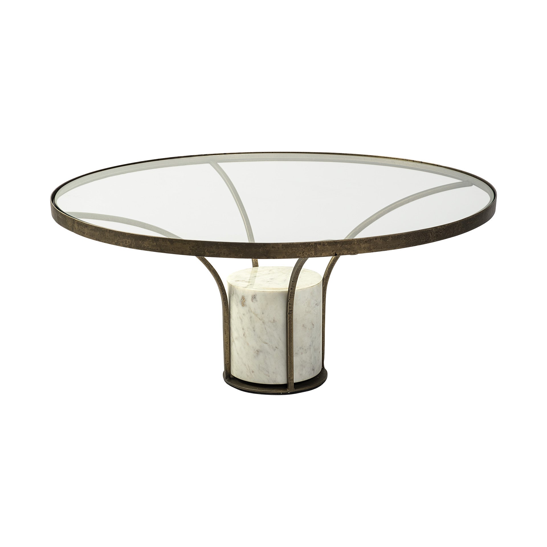 36" Antiqued Gold And White Glass Iron and Marble Round Pedestal Coffee Table - Metromarketstore