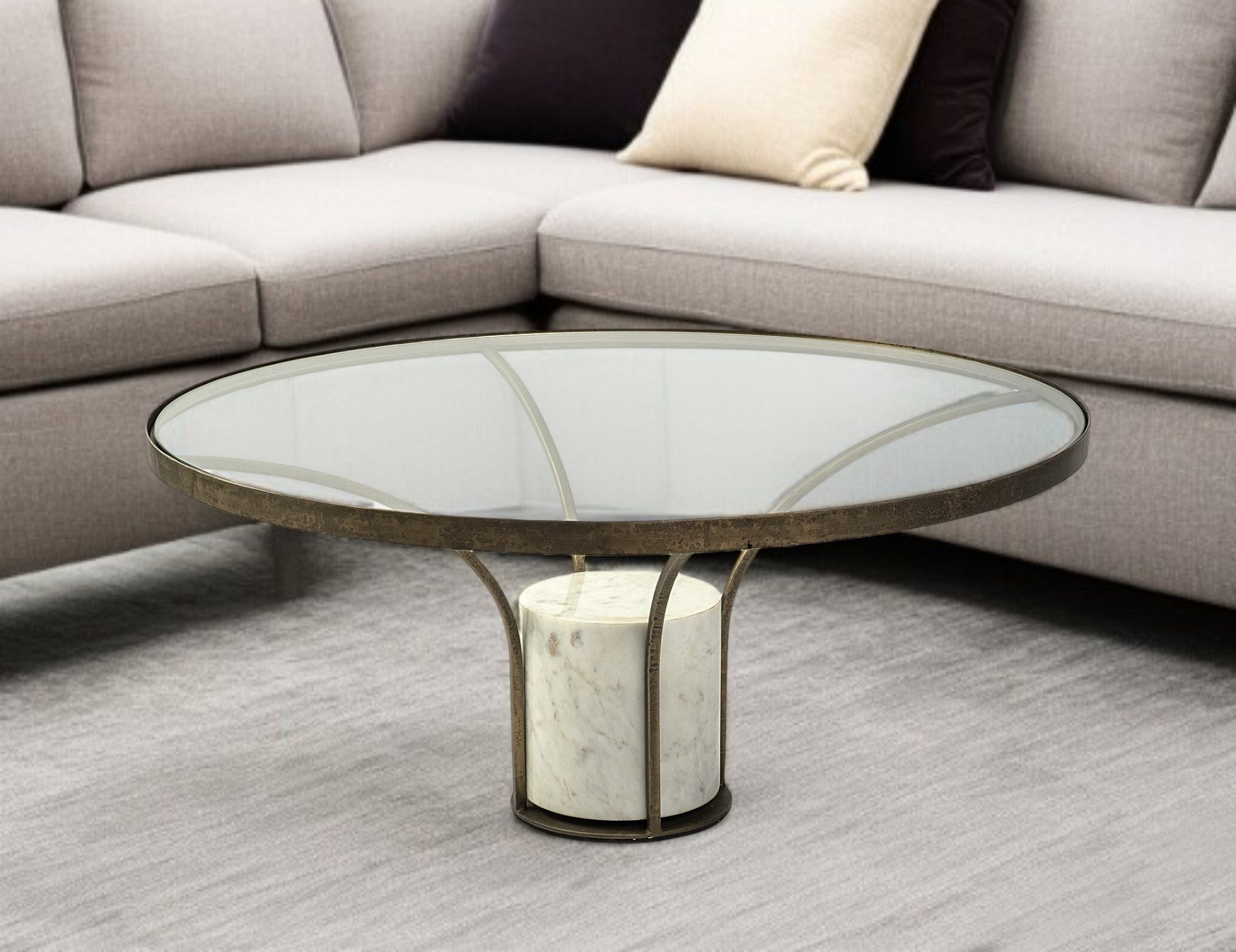 36" Antiqued Gold And White Glass Iron and Marble Round Pedestal Coffee Table - Metromarketstore