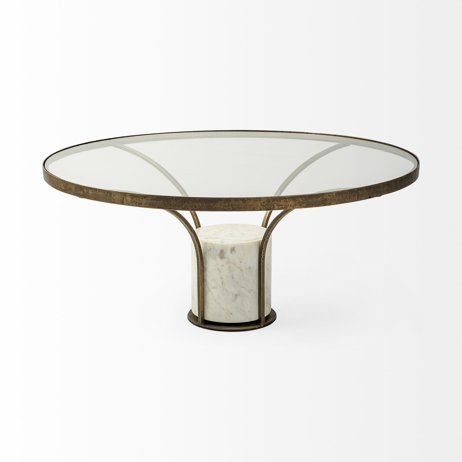 36" Antiqued Gold And White Glass Iron and Marble Round Pedestal Coffee Table - Metromarketstore