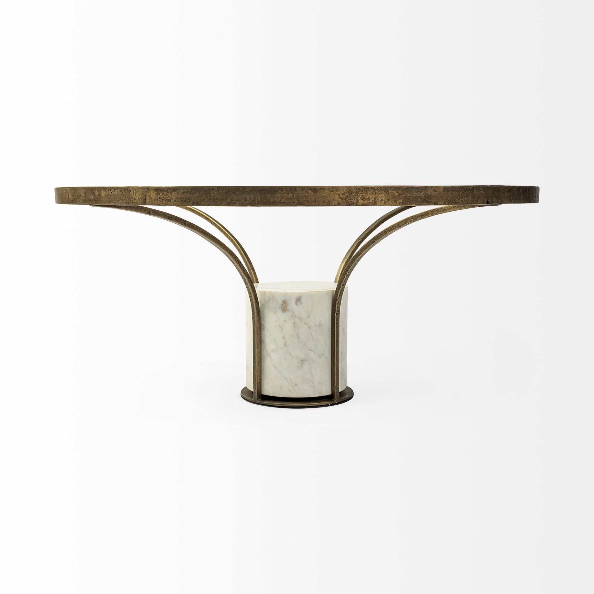 36" Antiqued Gold And White Glass Iron and Marble Round Pedestal Coffee Table - Metromarketstore