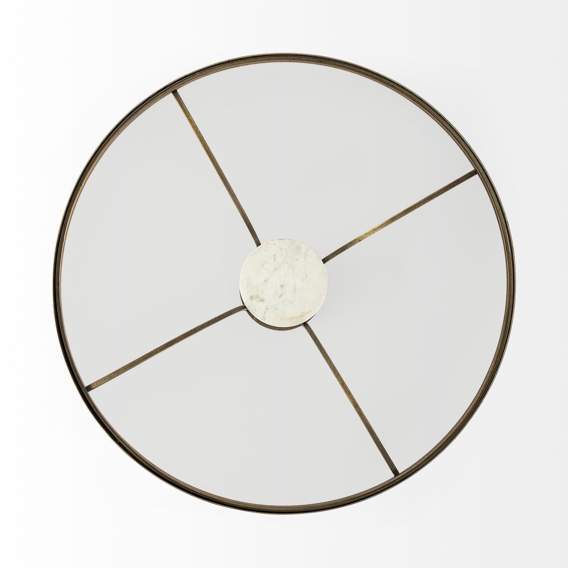 36" Antiqued Gold And White Glass Iron and Marble Round Pedestal Coffee Table - Metromarketstore