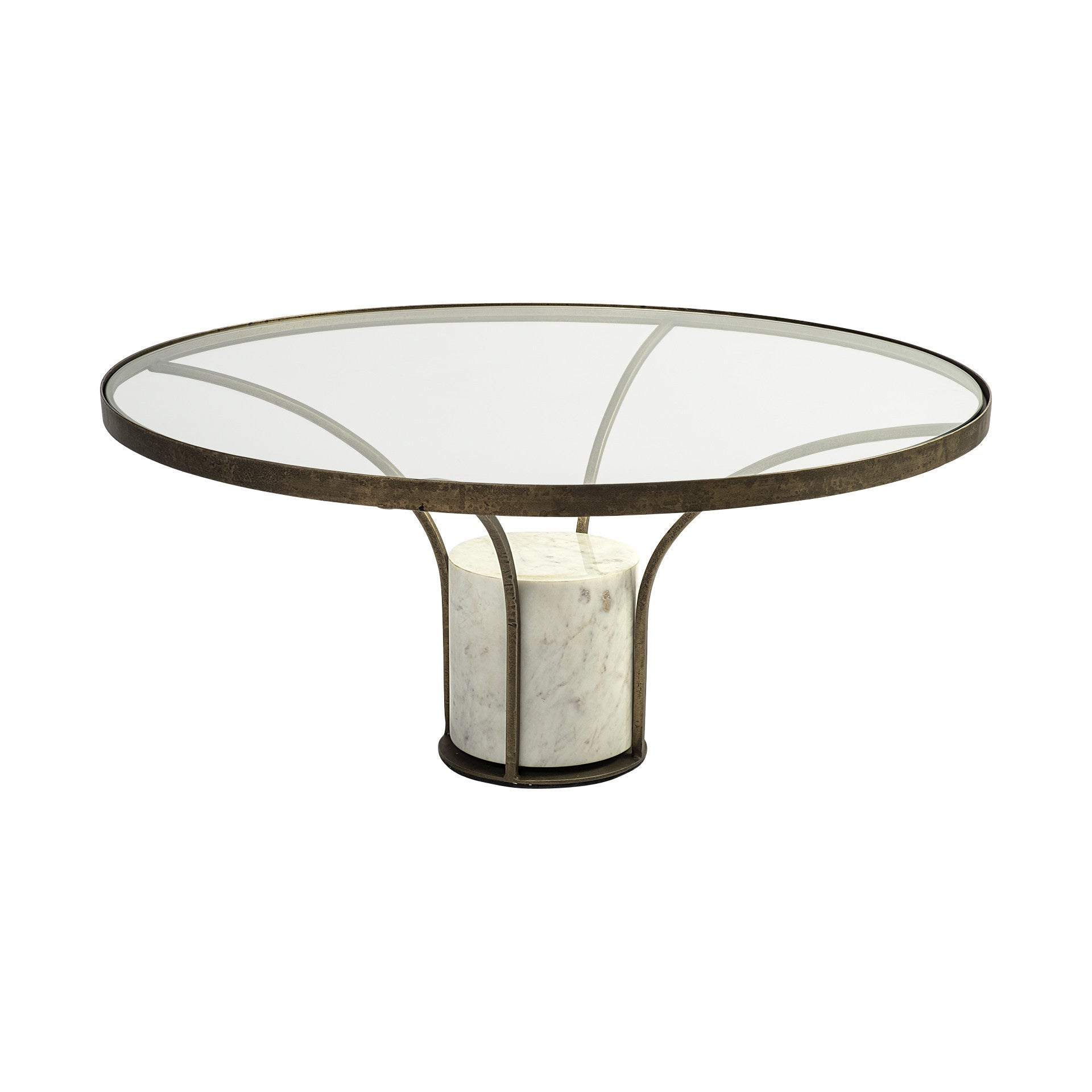 36" Antiqued Gold And White Glass Iron and Marble Round Pedestal Coffee Table - Metromarketstore