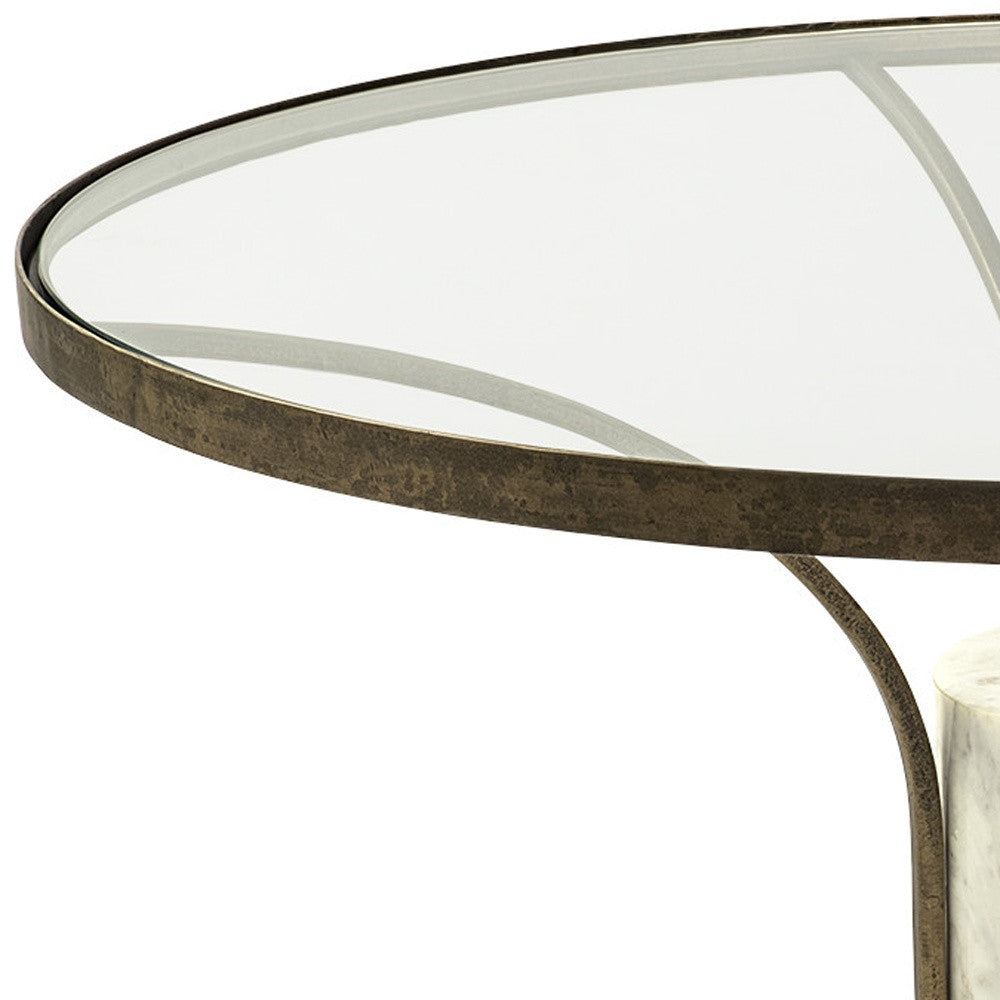 36" Antiqued Gold And White Glass Iron and Marble Round Pedestal Coffee Table - Metromarketstore