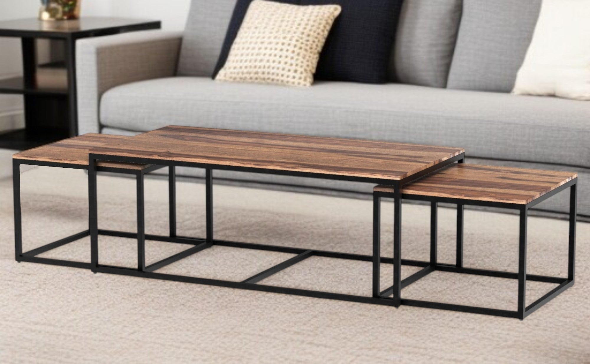 Set of Three 47" Natural And Black Solid Wood And Iron Coffee Table - Metromarketstore