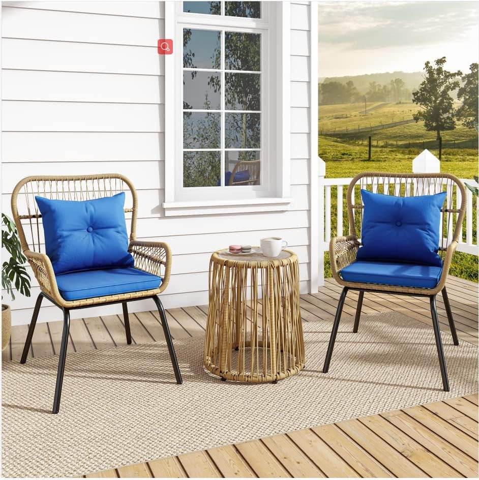3-Piece Outdoor Patio Furniture Wicker Bistro Set, All-Weather Rattan Chairs (Light Brown+Navy Blue) - Metromarketstore