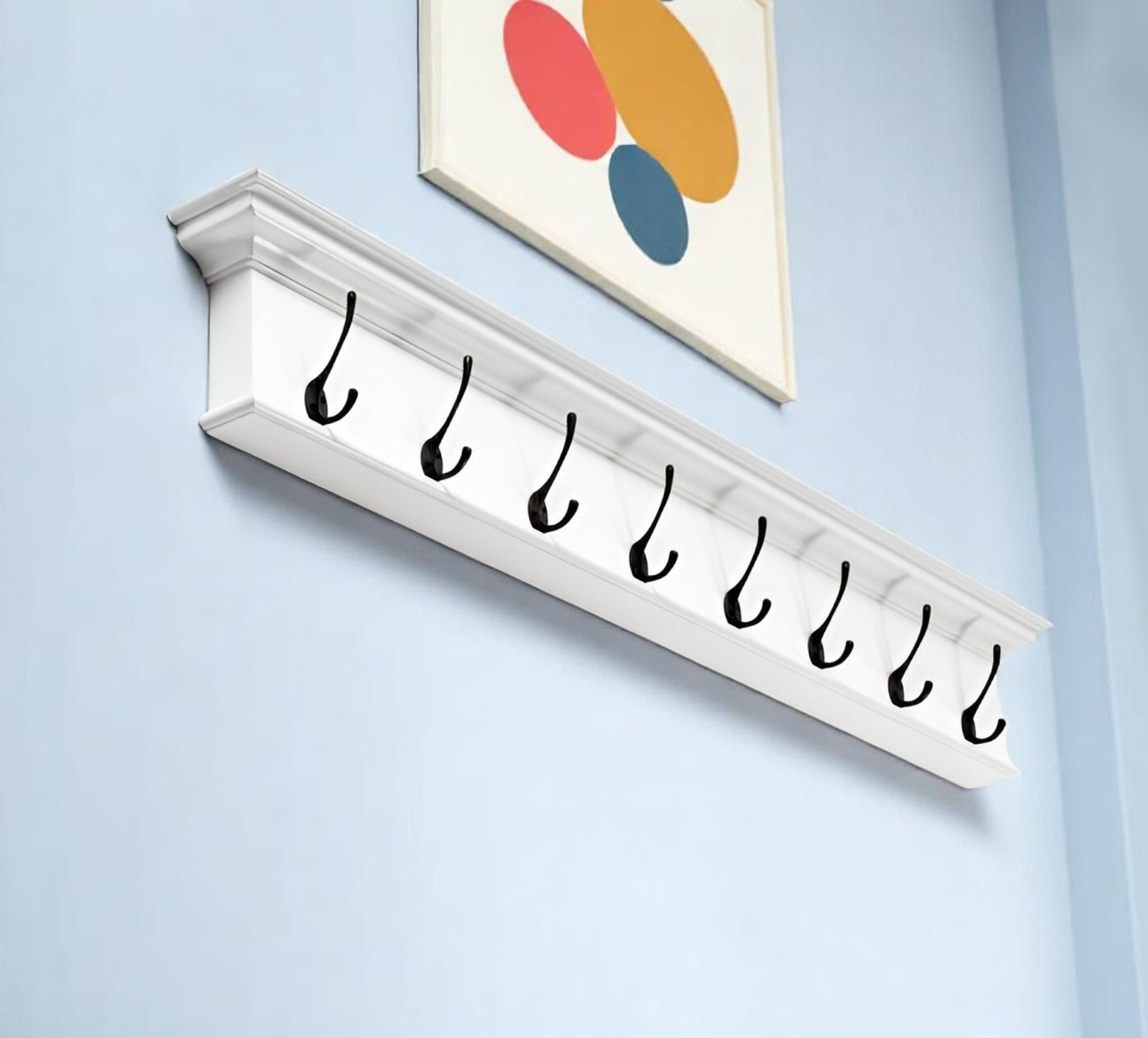 51" White Solid Wood Eight Hook Wall Mount Coat Rack-1