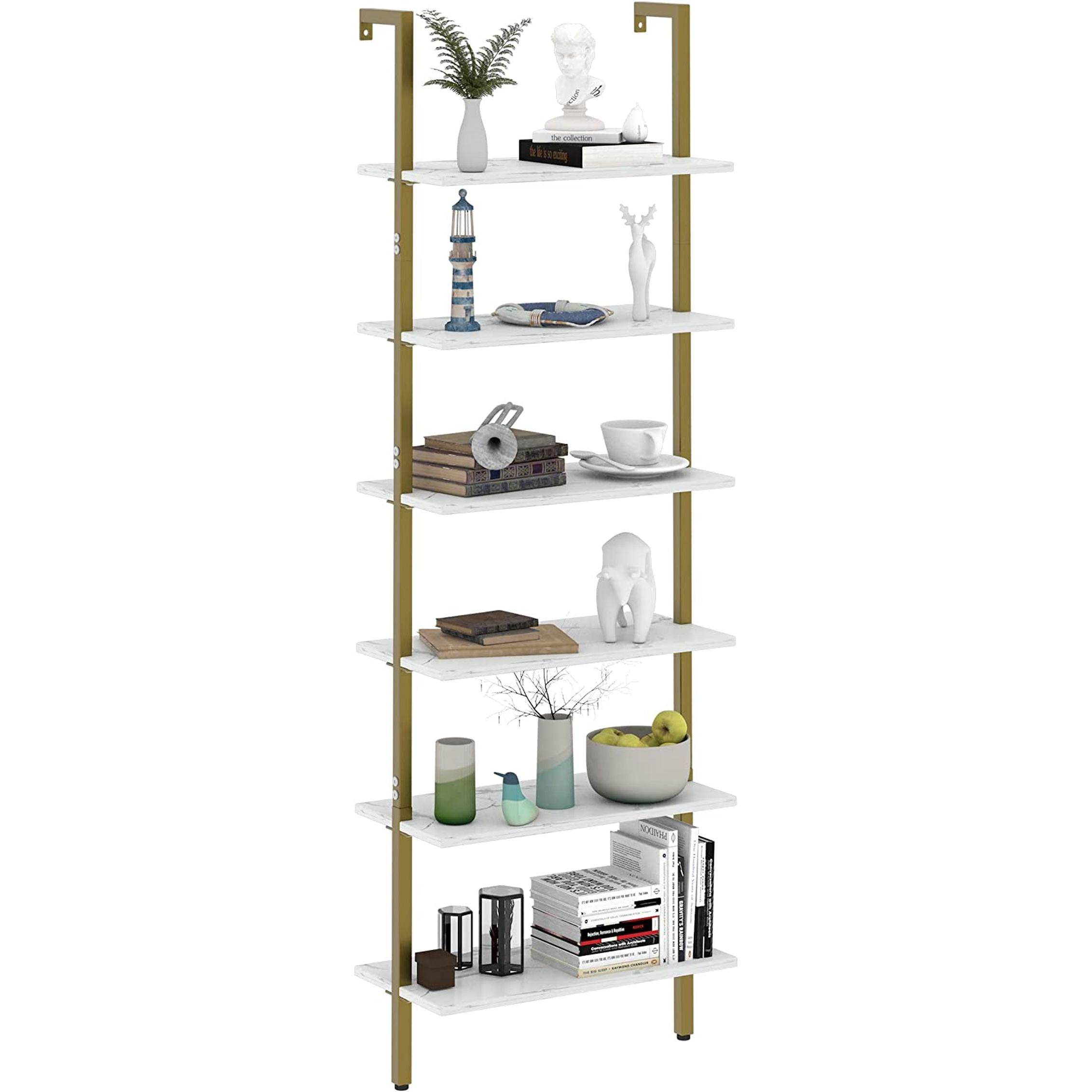 Marble White 6-Tier Ladder Shelf Bookcase-1