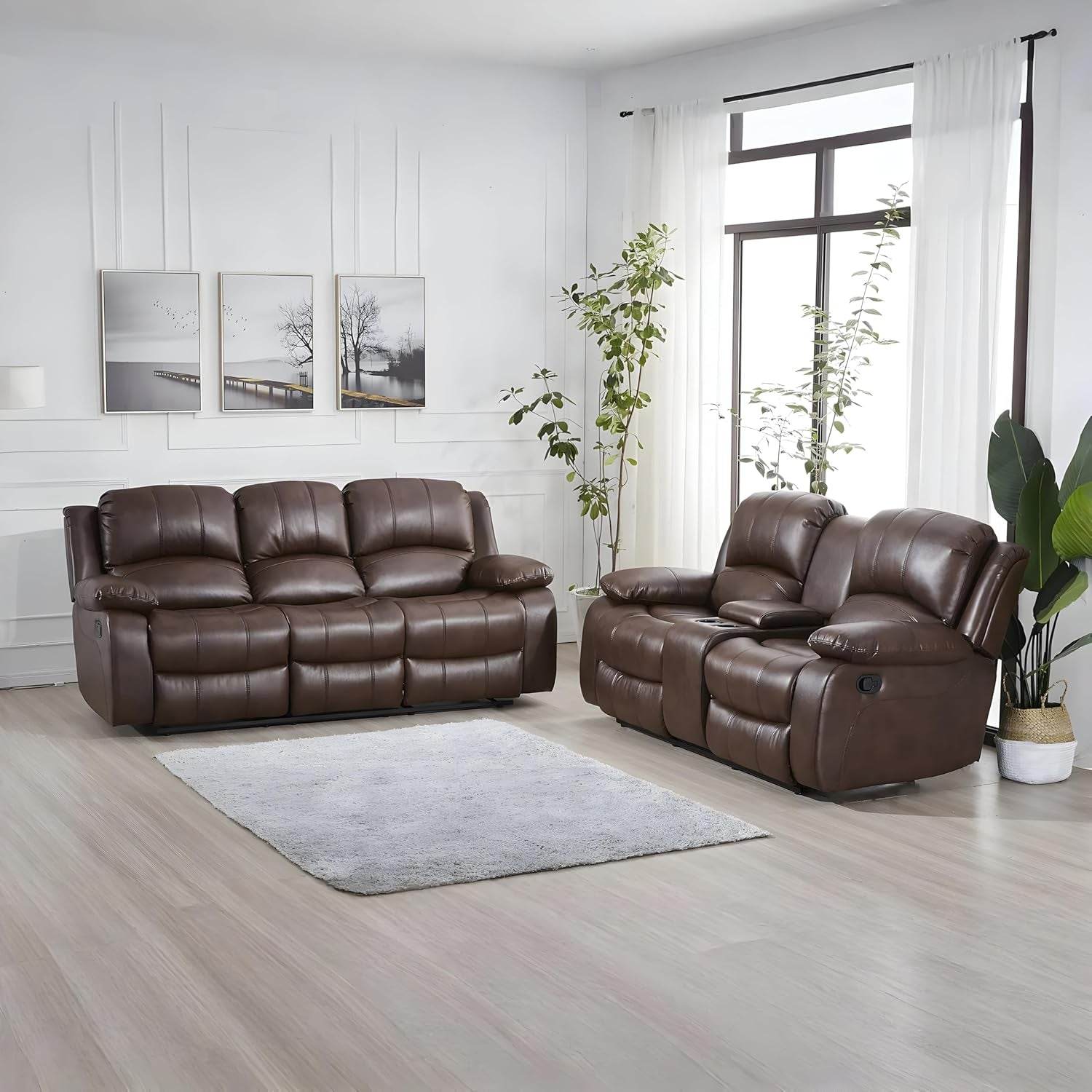 Loveseat Brown Faux Leather Sofa Set-0
