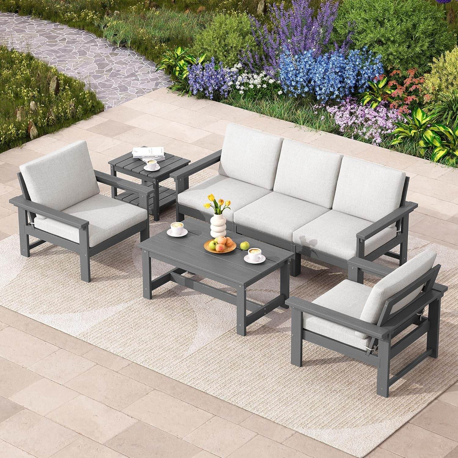 HDPE Outdoor Patio Furniture Set, 7-Piece Outdoor Sectional Patio Conversation Set, All Weather Outdoor Couch Set Patio Sofa Set for Deck, Lawn, Grey Frame with Khaki Cushion - Metromarketstore